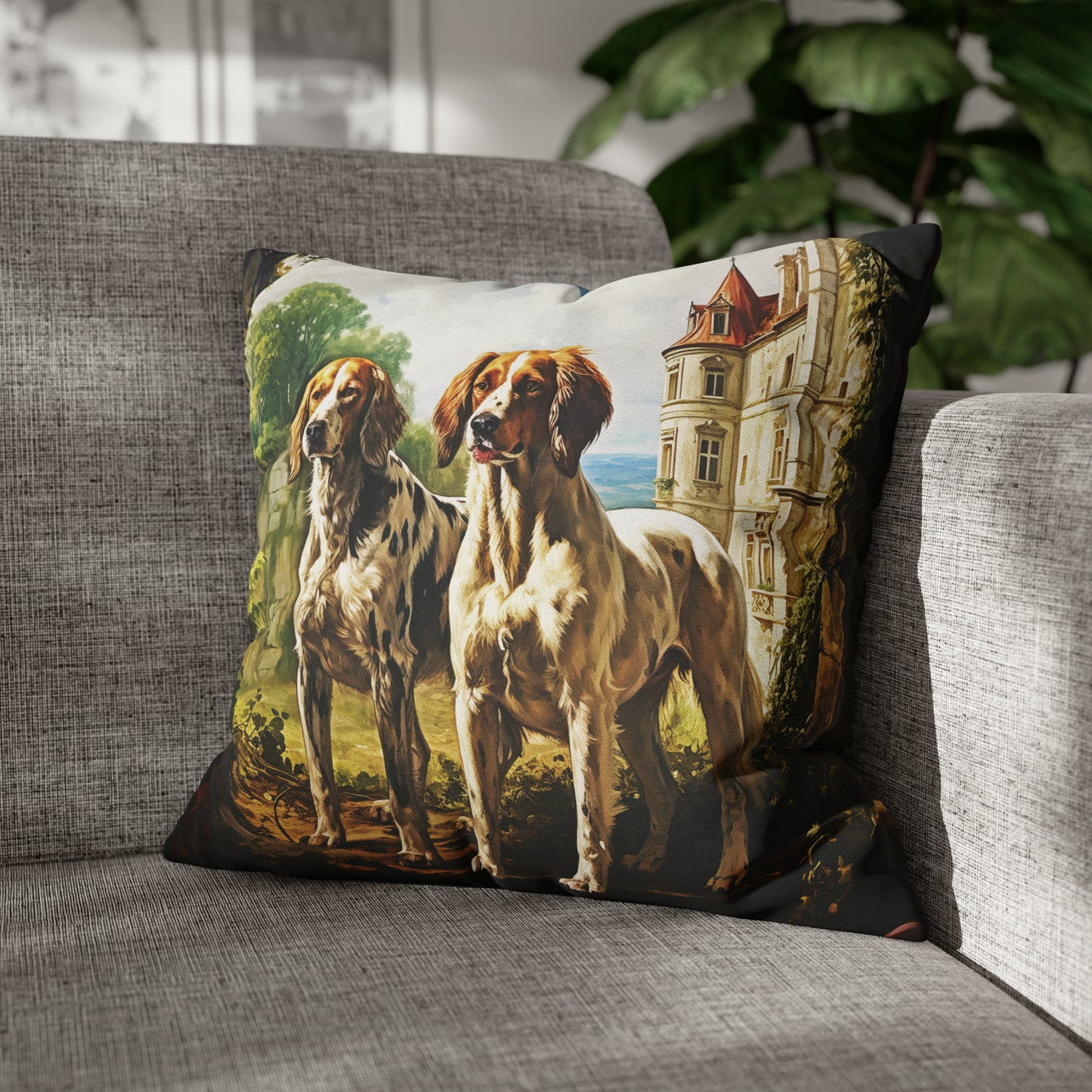 Square Pillow Case 18" x 18", CASE ONLY, no pillow form, original Art ,Colorful, Two Dogs at a French Chateau