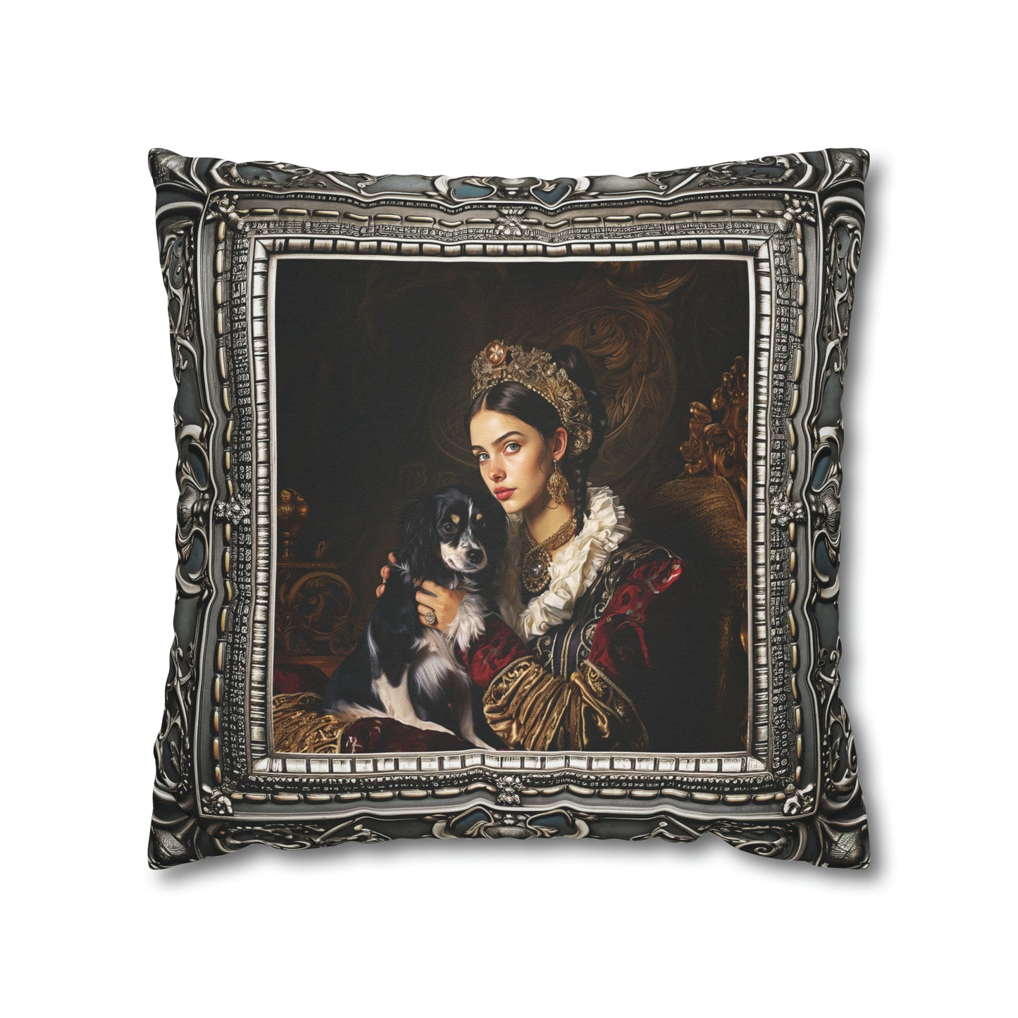 Square Pillow Case 18" x 18", CASE ONLY, no pillow form, original Art ,a Painting of Nobleman's Daughter with her Dog Antique Frame