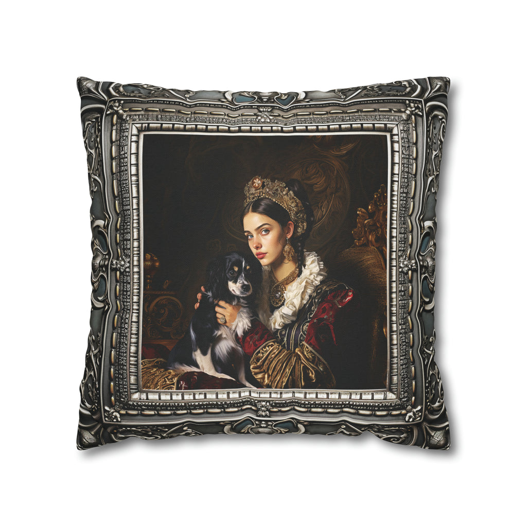 Square Pillow Case 18" x 18", CASE ONLY, no pillow form, original Art ,a Painting of Nobleman's Daughter with her Dog Antique Frame