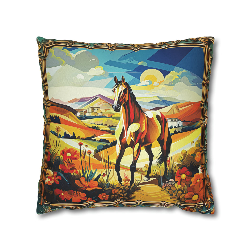 Square Pillow Case 18" x 18", CASE ONLY, no pillow form, original Art ,Colorful, A beautiful Golden Horse on a Golden Landscape with a Village in the Distance