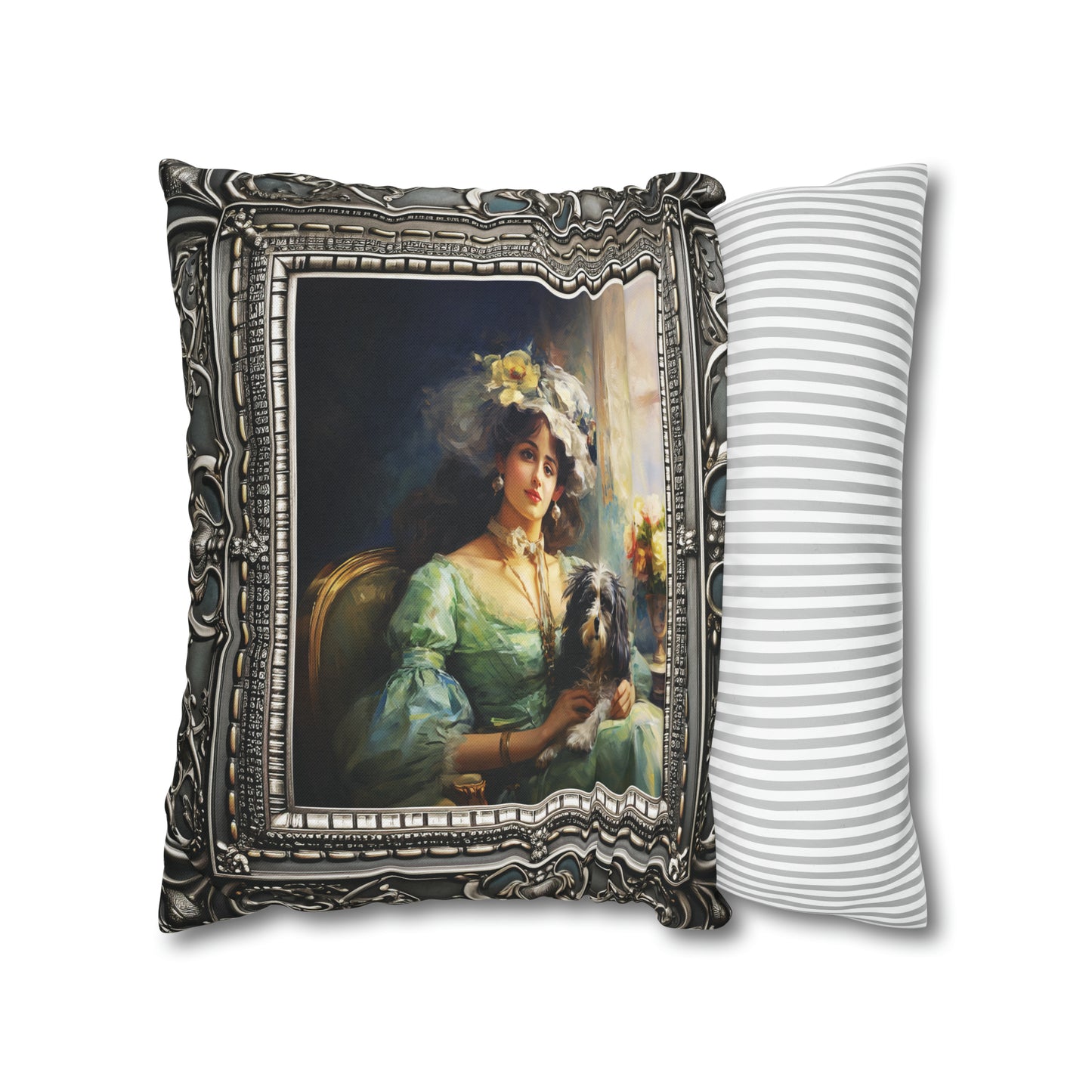 Square Pillow Case 18" x 18", CASE ONLY, no pillow form, original Art , a Painting of a Young Woman and her Dog in an Antique Frame