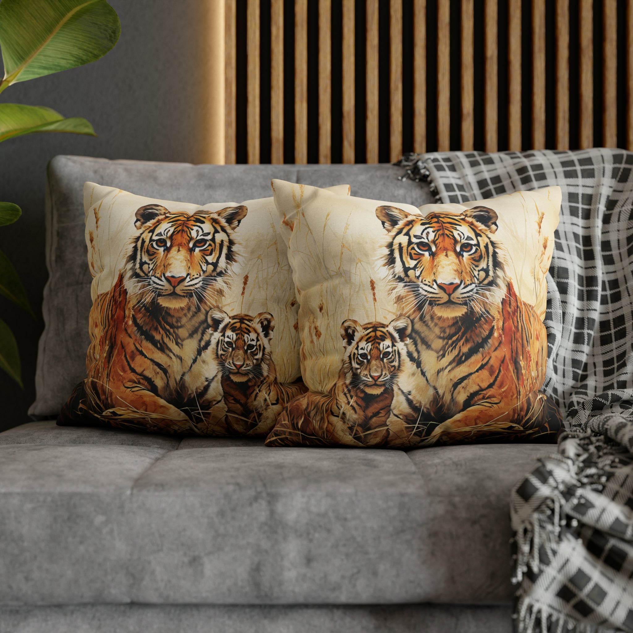 Square Pillow Case 18" x 18", CASE ONLY, no pillow form, original Art ,Colorful, A Mother Tiger and Her Cub in the African Scrub Grass