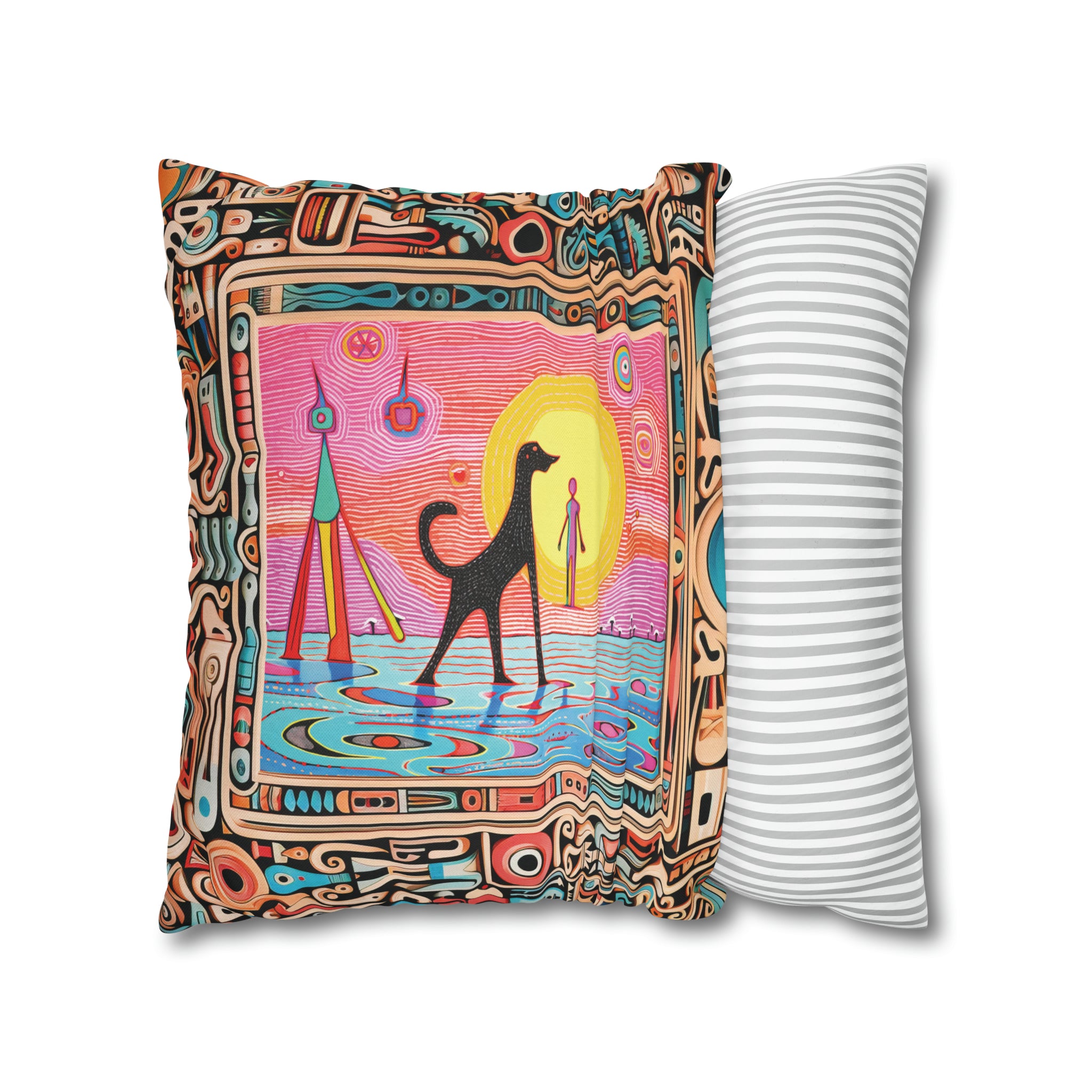 Square Pillow Case 18" x 18", CASE ONLY, no pillow form, original Pop Art Style, Alien Dog Taking a Swim, Image in a frame