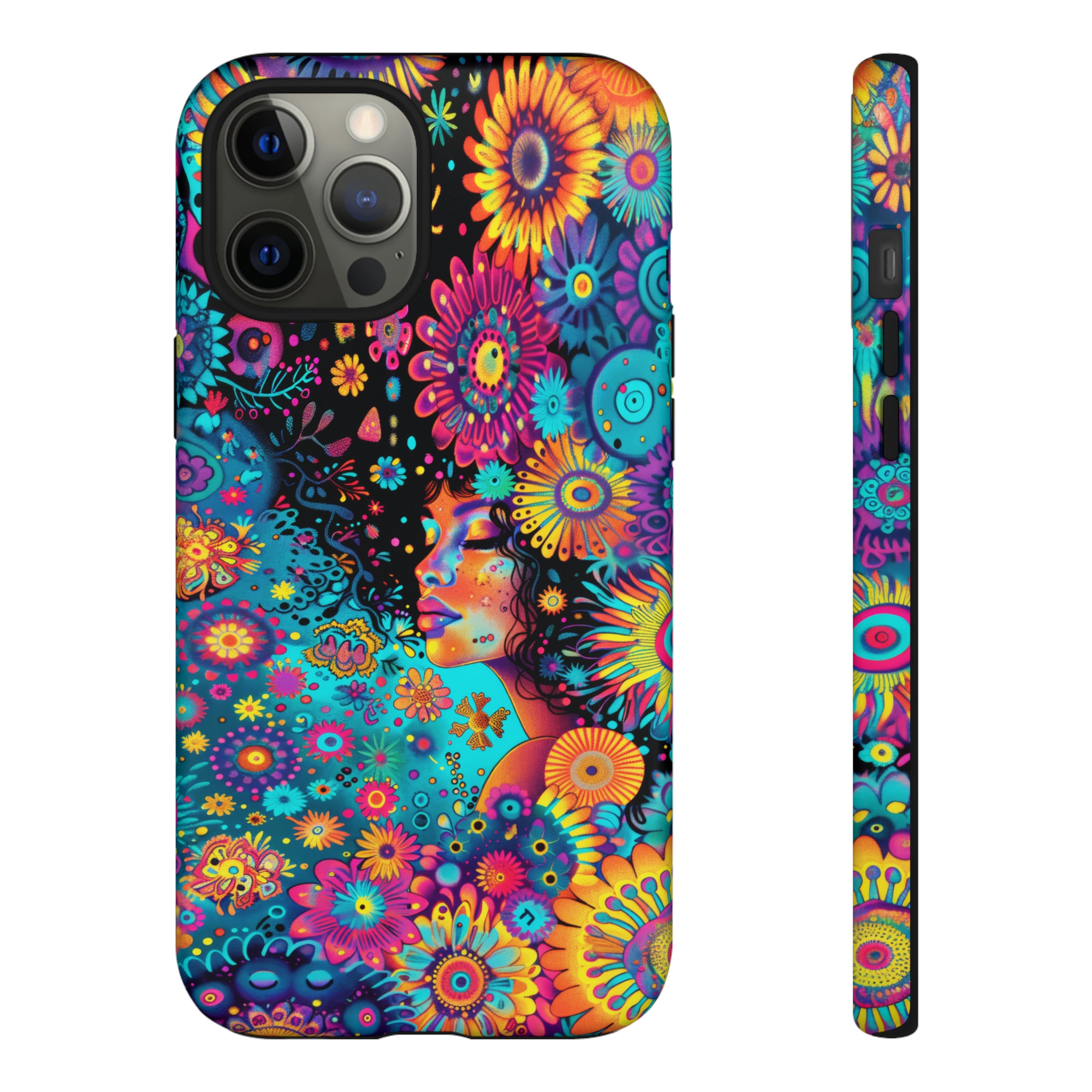 Phone Case, 1970's inspired flower girl, Artistic design, Tough Case, Colorful whimsical flower fantasy design, iPhone 15, 14, 13, 12, 11, Samsung, Pixel