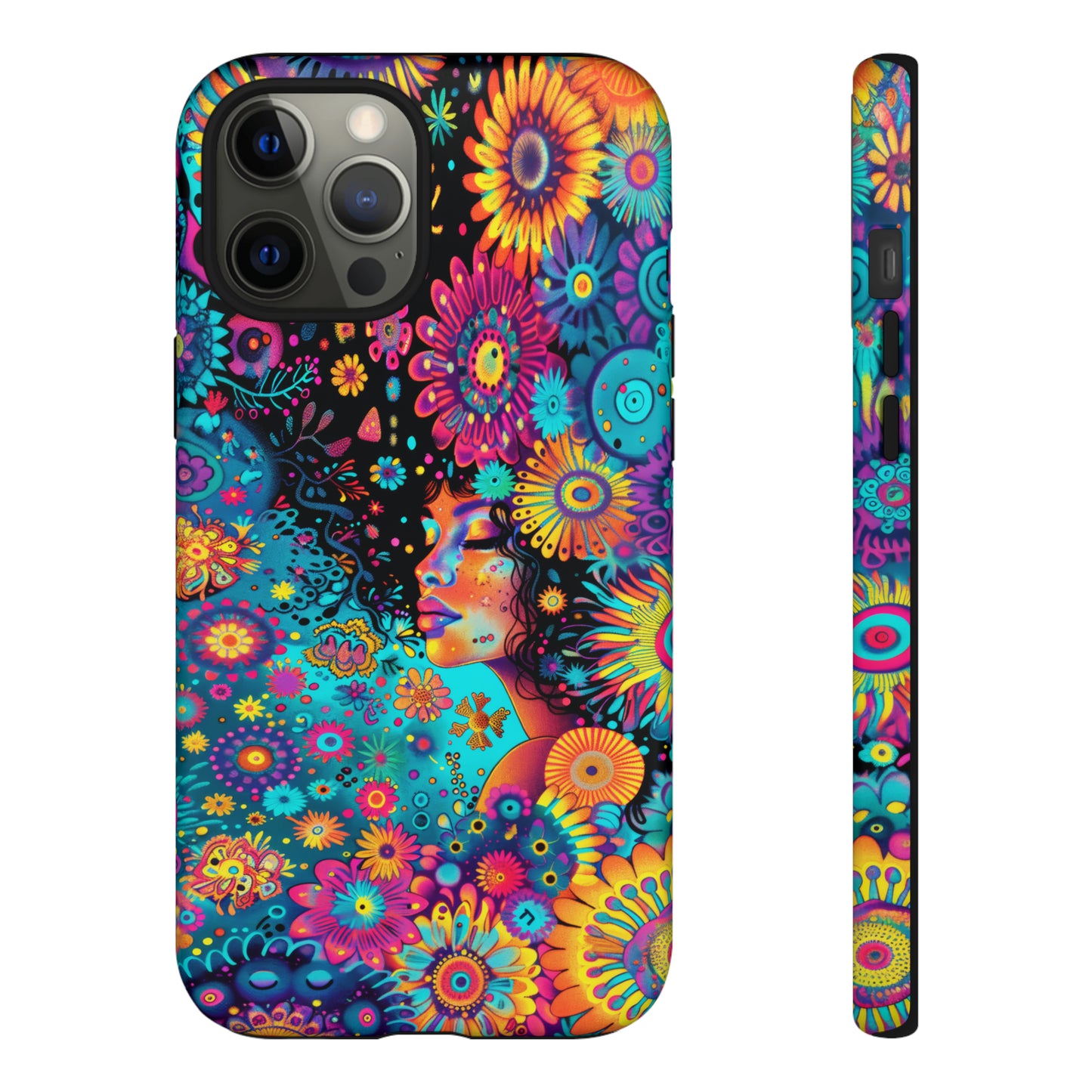 Phone Case, 1970's inspired flower girl, Artistic design, Tough Case, Colorful whimsical flower fantasy design, iPhone 15, 14, 13, 12, 11, Samsung, Pixel