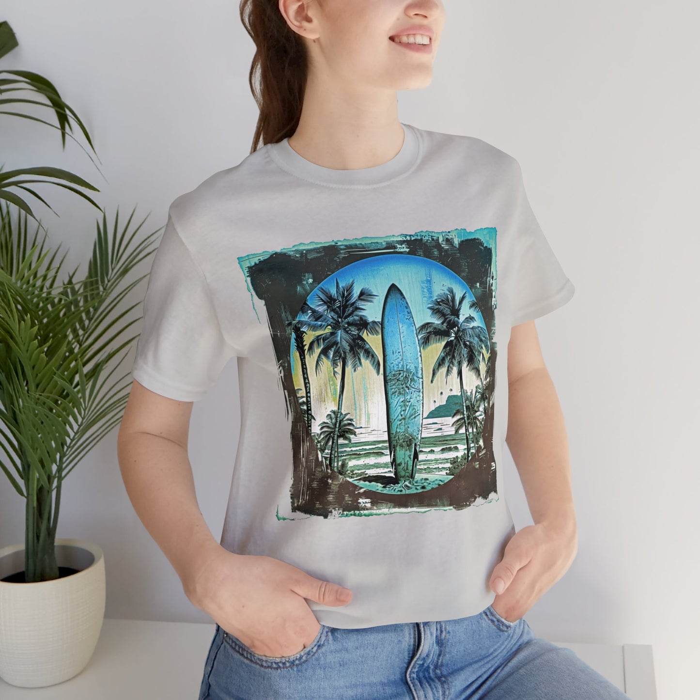 Blue board on the beach Unisex Jersey Short Sleeve Tee