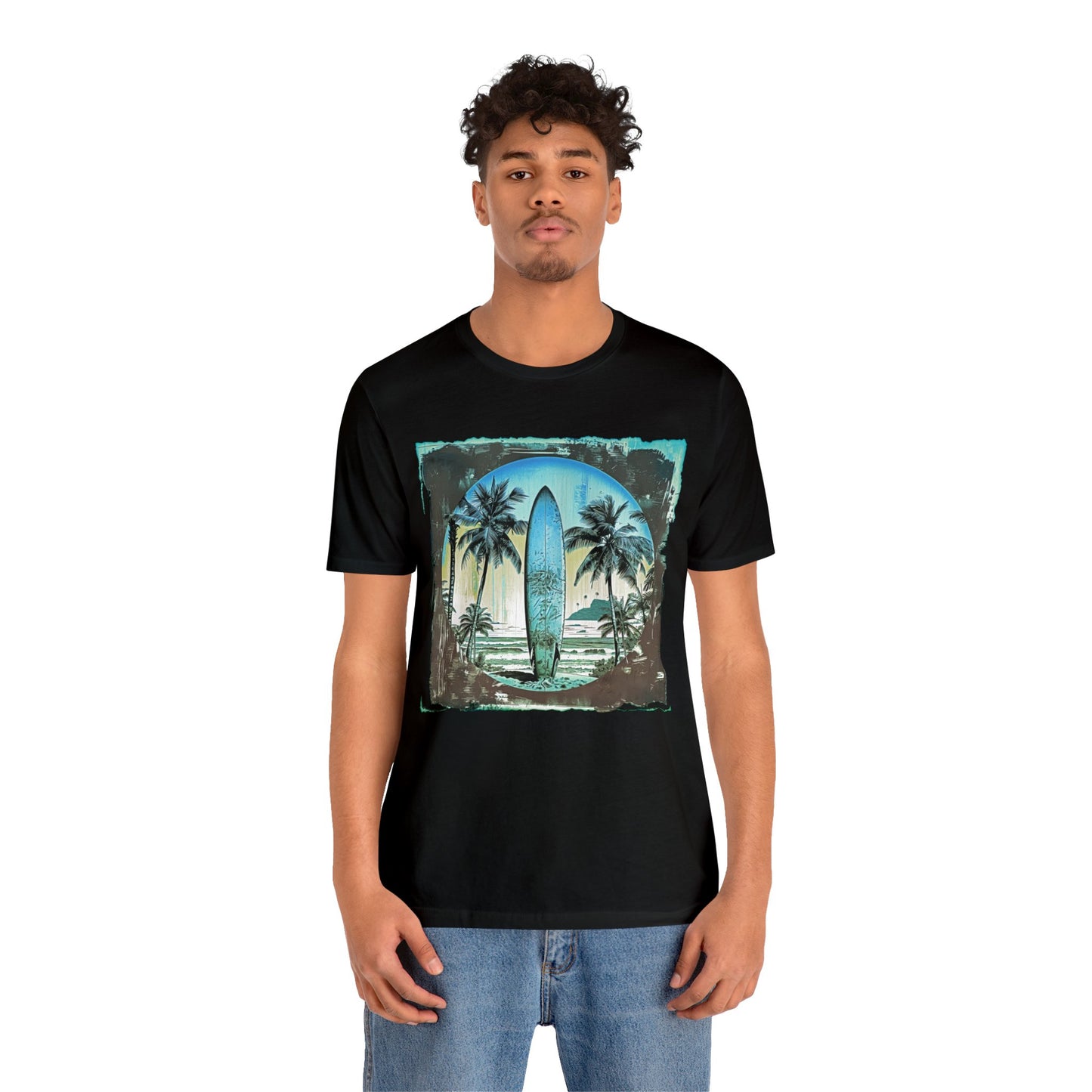 Blue board on the beach Unisex Jersey Short Sleeve Tee