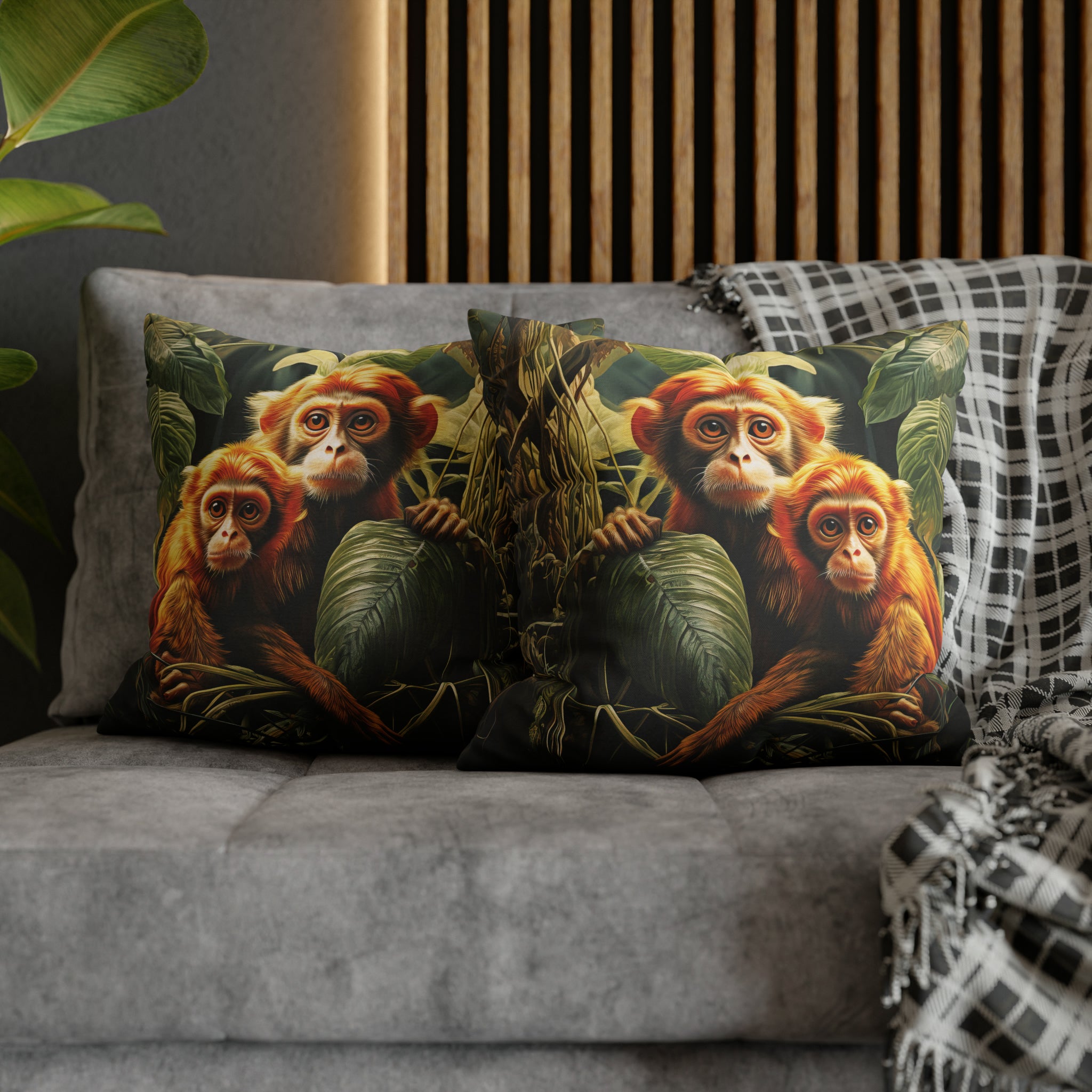 Square Pillow Case 18" x 18", CASE ONLY, no pillow form, original Art ,Colorful, a Mother Monkey and Her Infant on a Branch in the Jungle