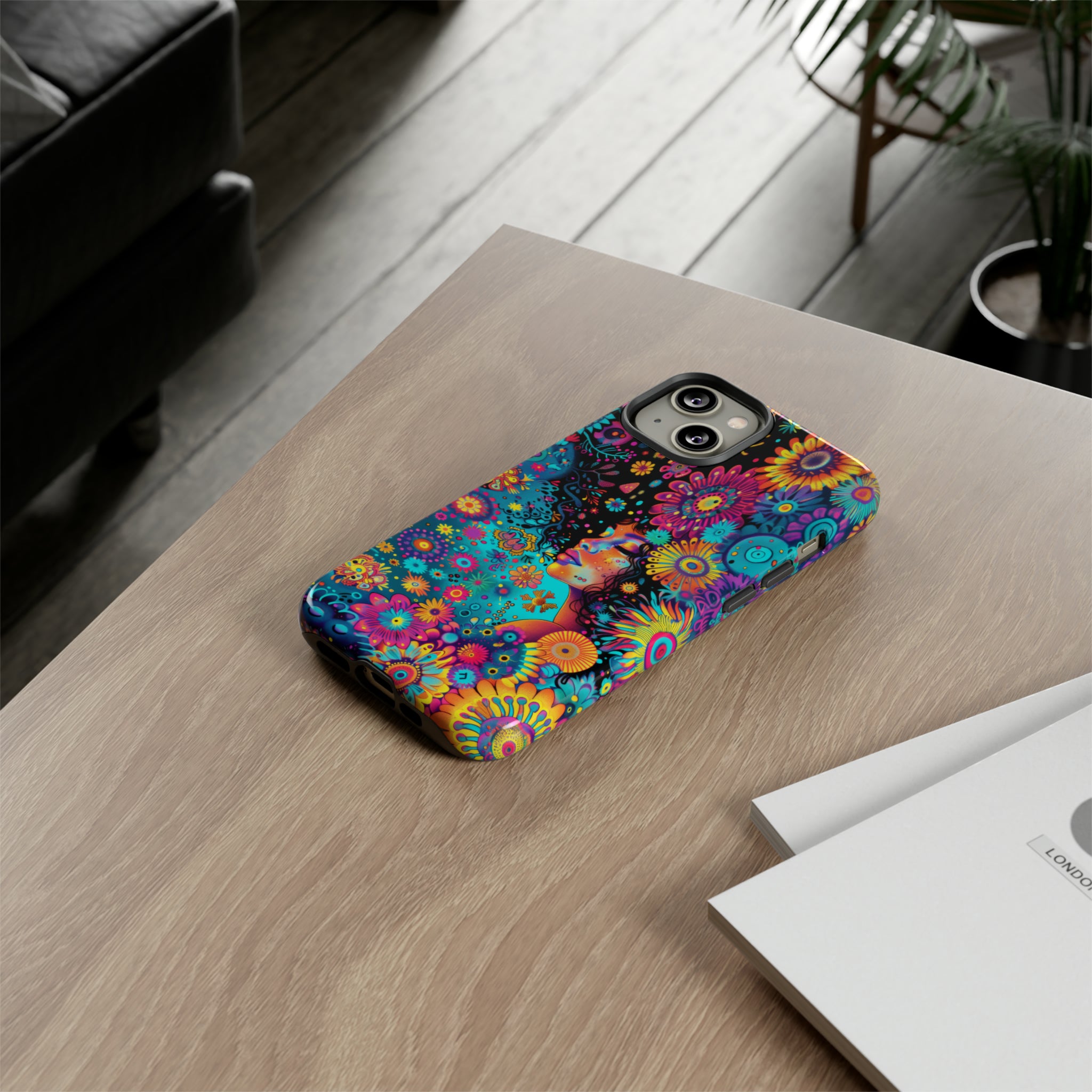 Phone Case, 1970's inspired flower girl, Artistic design, Tough Case, Colorful whimsical flower fantasy design, iPhone 15, 14, 13, 12, 11, Samsung, Pixel