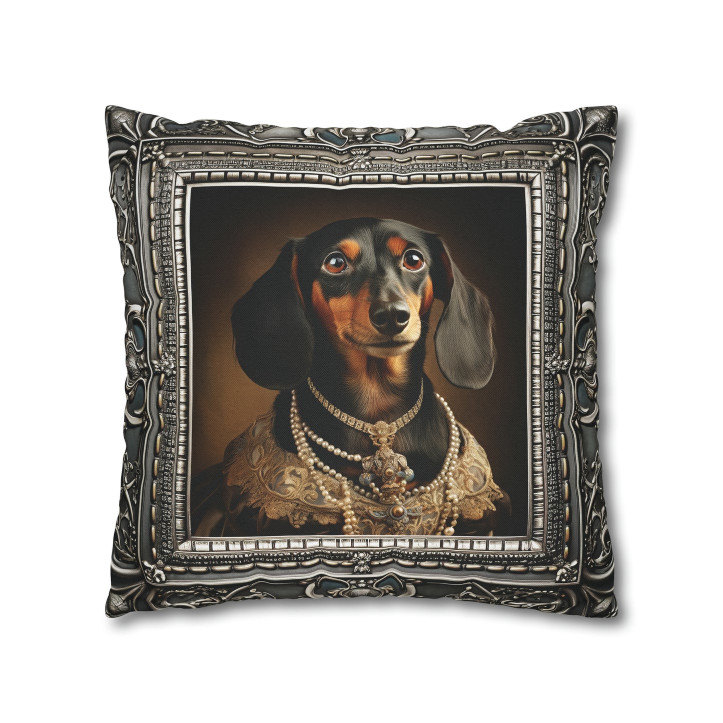 Square Pillow Case 18" x 18", CASE ONLY, no pillow form, original Art ,a Beautiful Painting of a Dachshund in a silver frame.