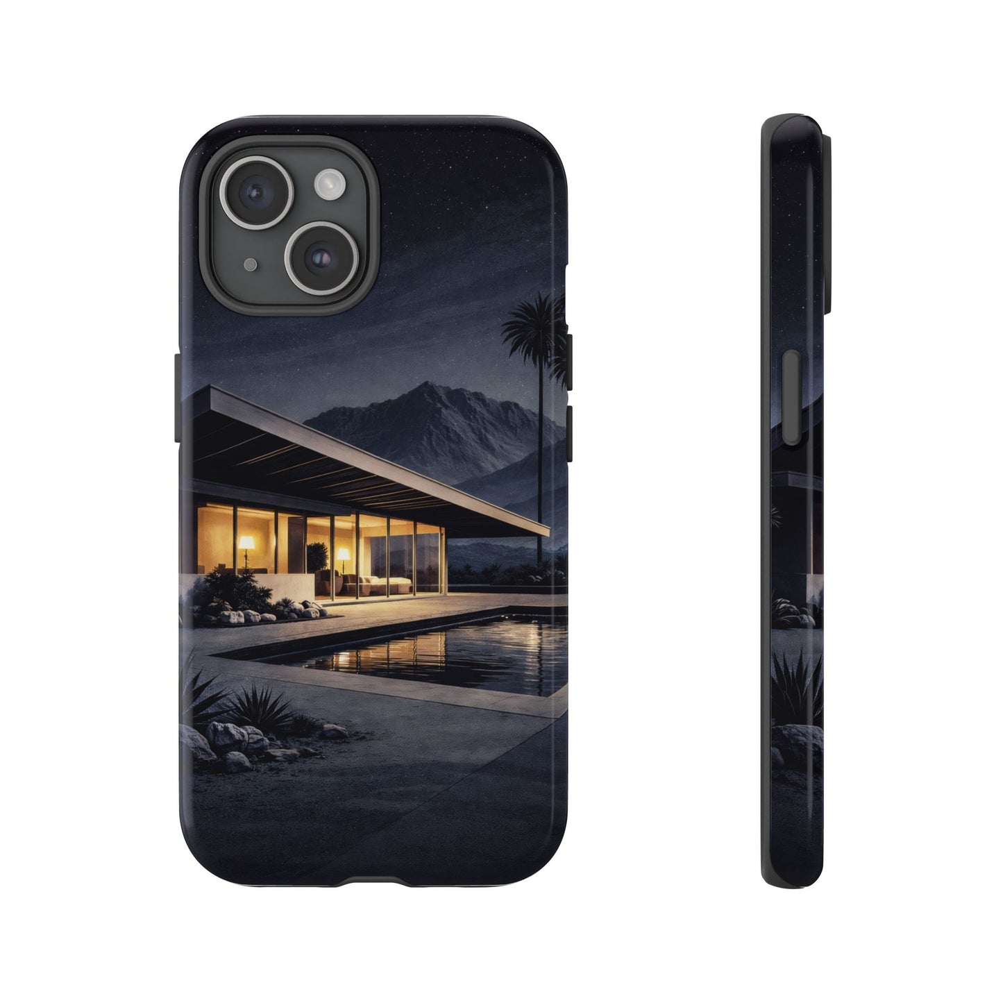 Modern Palm Springs House Phone Case — Mid-Century Poolside Evening Scene