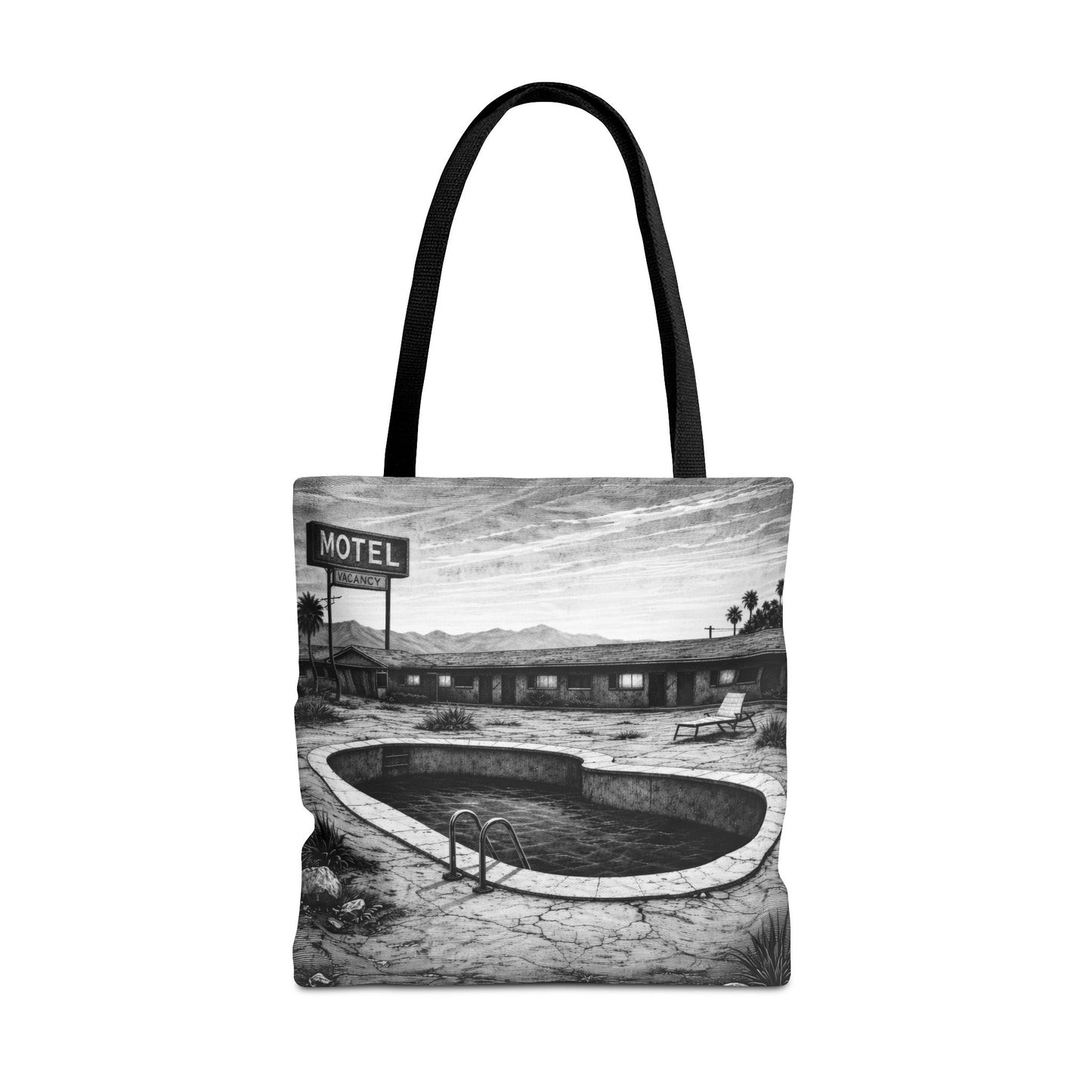 Retro Desert Motel Pool Tote Bag – Vintage Black & White Road Trip Art