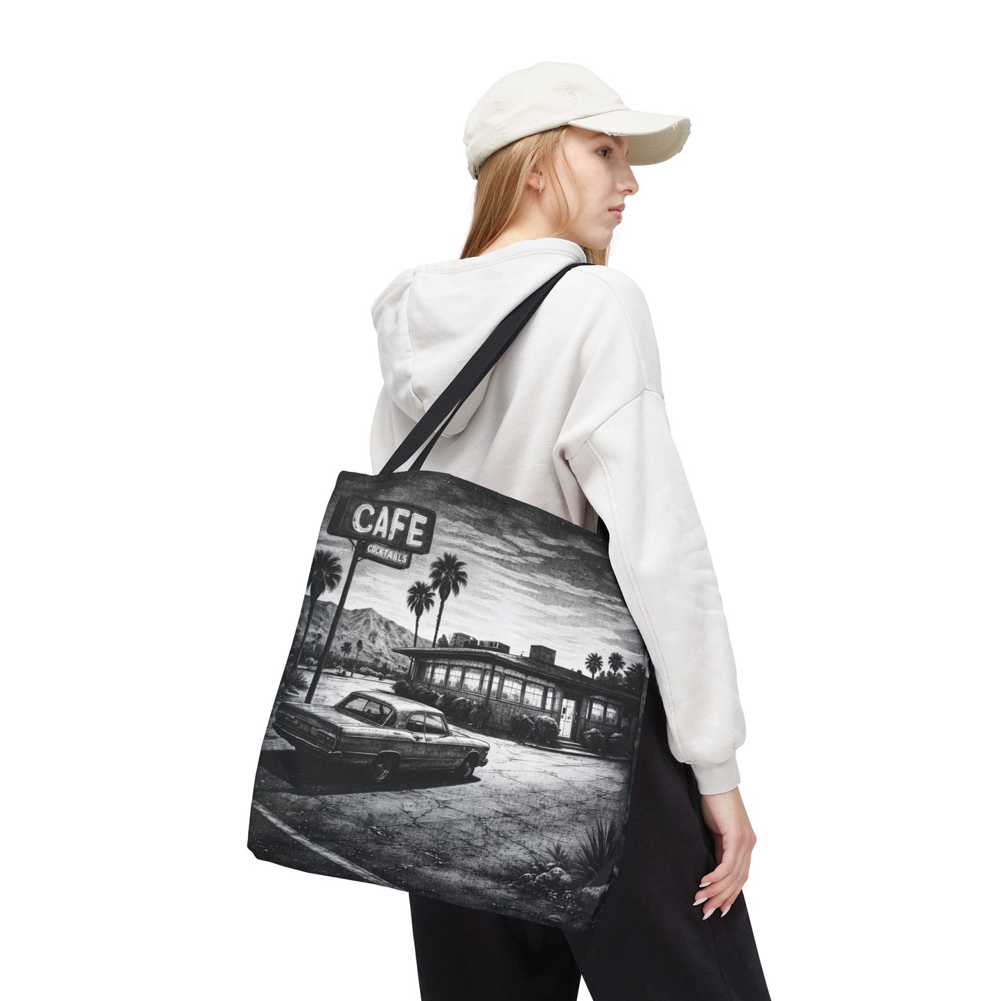 Vintage Diner Scene Tote Bag — Retro Café Black & White AOP, Vintage black & White art