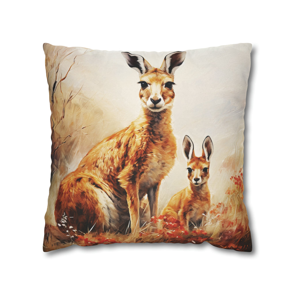 Square Pillow Case 18" x 18", CASE ONLY, no pillow form, original Art ,Colorful, a Mother and Joey in the Tall Golden Grass