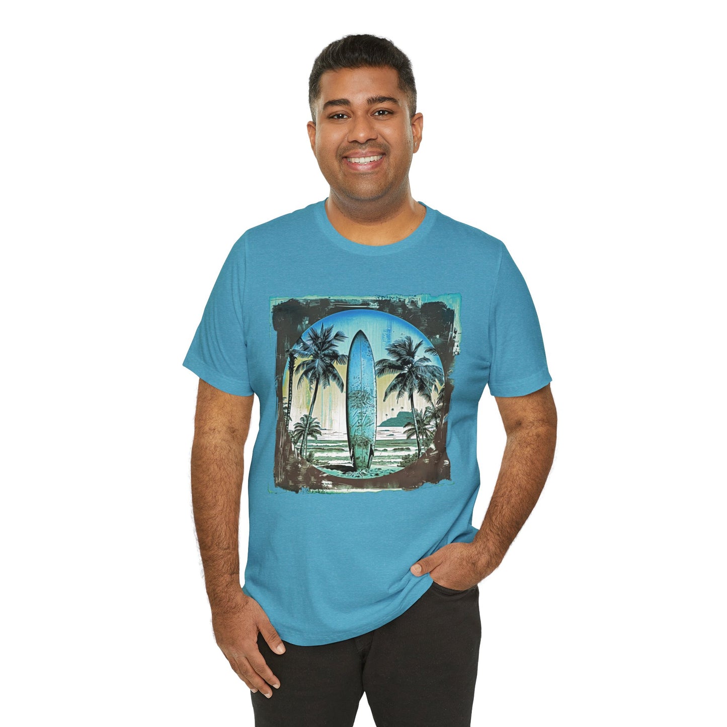 Blue board on the beach Unisex Jersey Short Sleeve Tee