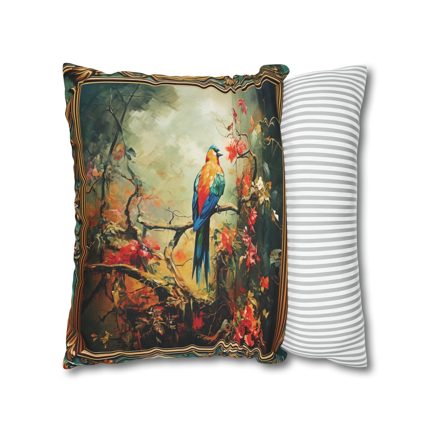 Square Pillow Case 18" x 18", CASE ONLY, no pillow form, original Art , a Colorful Bird on a Flowering Branch in the Forest
