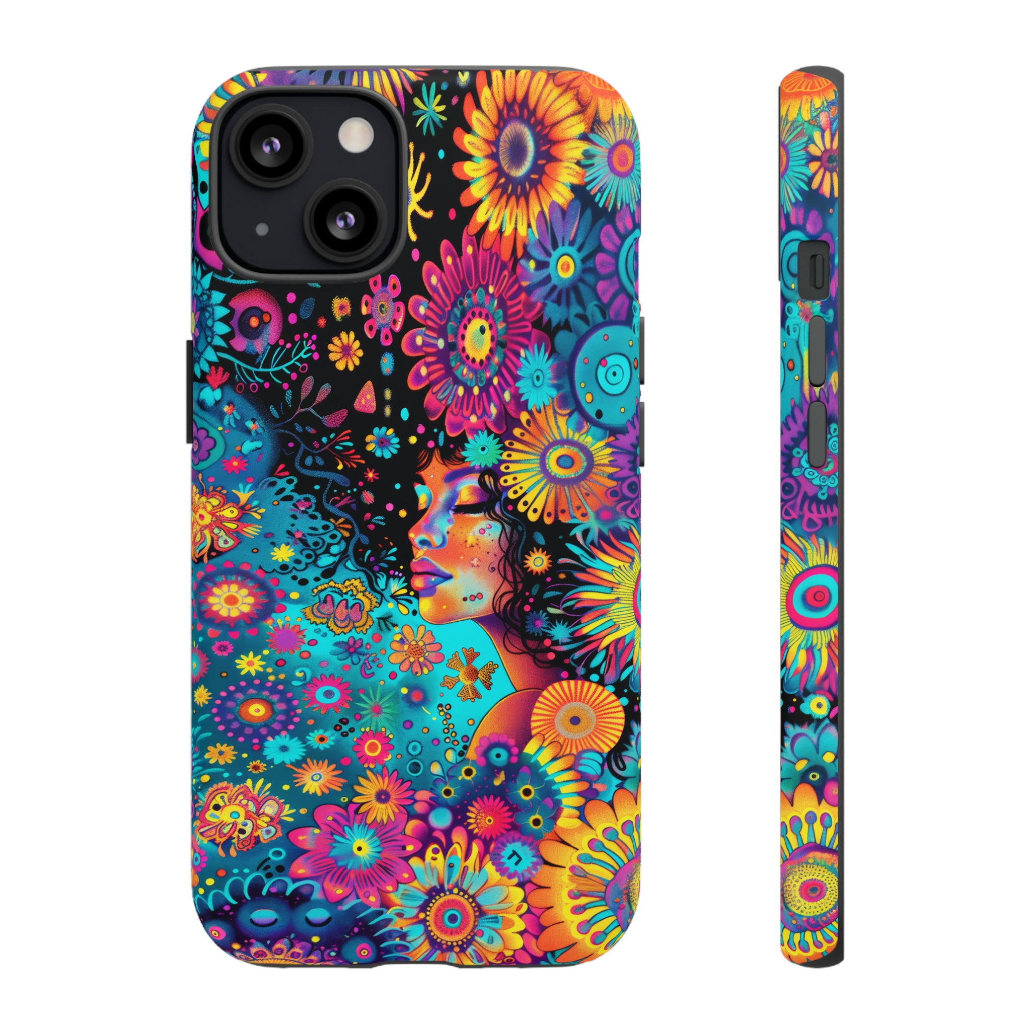 Phone Case, 1970's inspired flower girl, Artistic design, Tough Case, Colorful whimsical flower fantasy design, iPhone 15, 14, 13, 12, 11, Samsung, Pixel