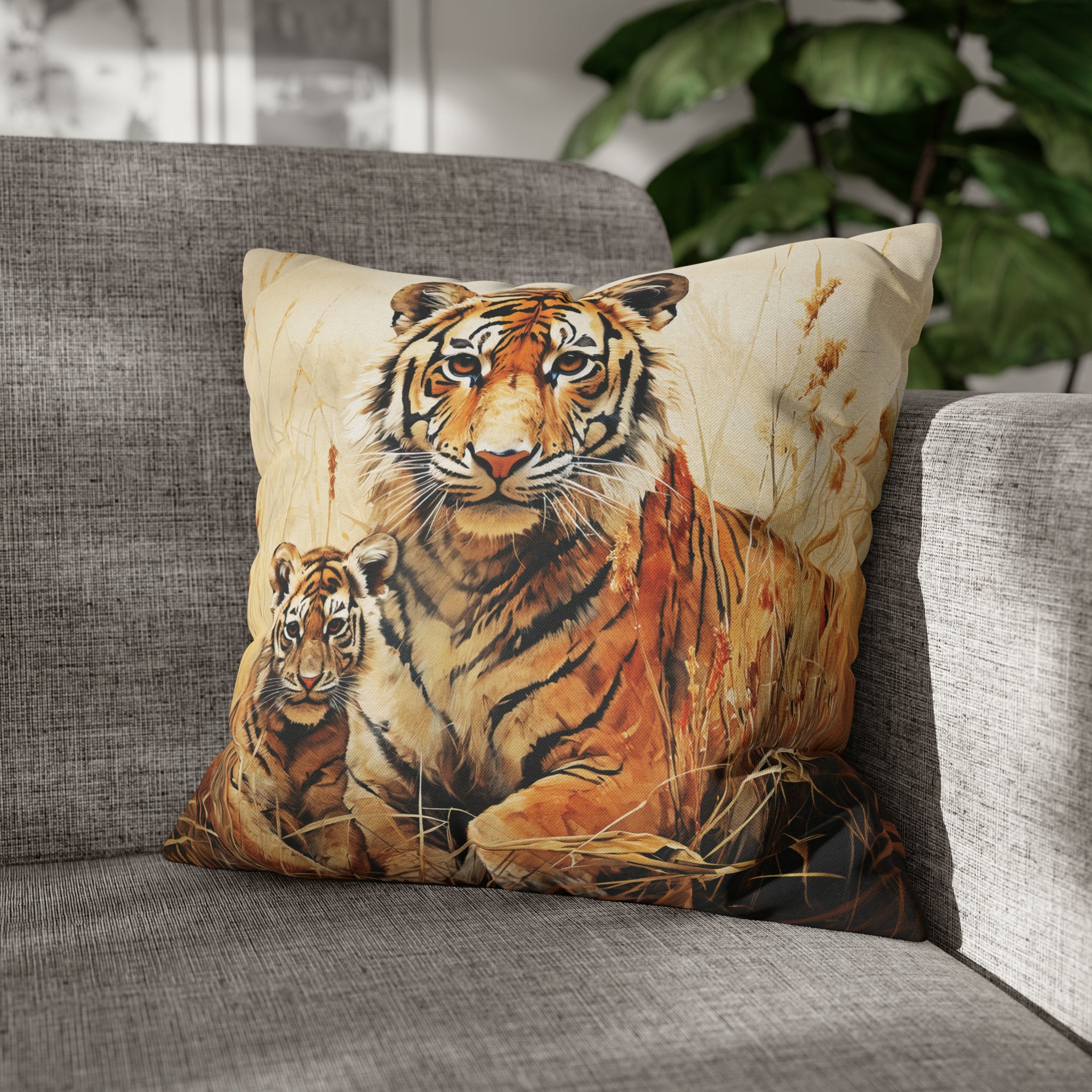 Square Pillow Case 18" x 18", CASE ONLY, no pillow form, original Art ,Colorful, A Mother Tiger and Her Cub in the African Scrub Grass