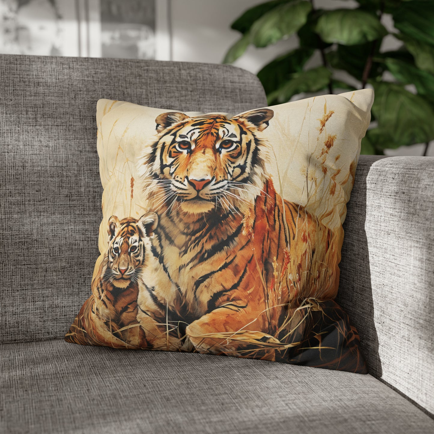 Square Pillow Case 18" x 18", CASE ONLY, no pillow form, original Art ,Colorful, A Mother Tiger and Her Cub in the African Scrub Grass