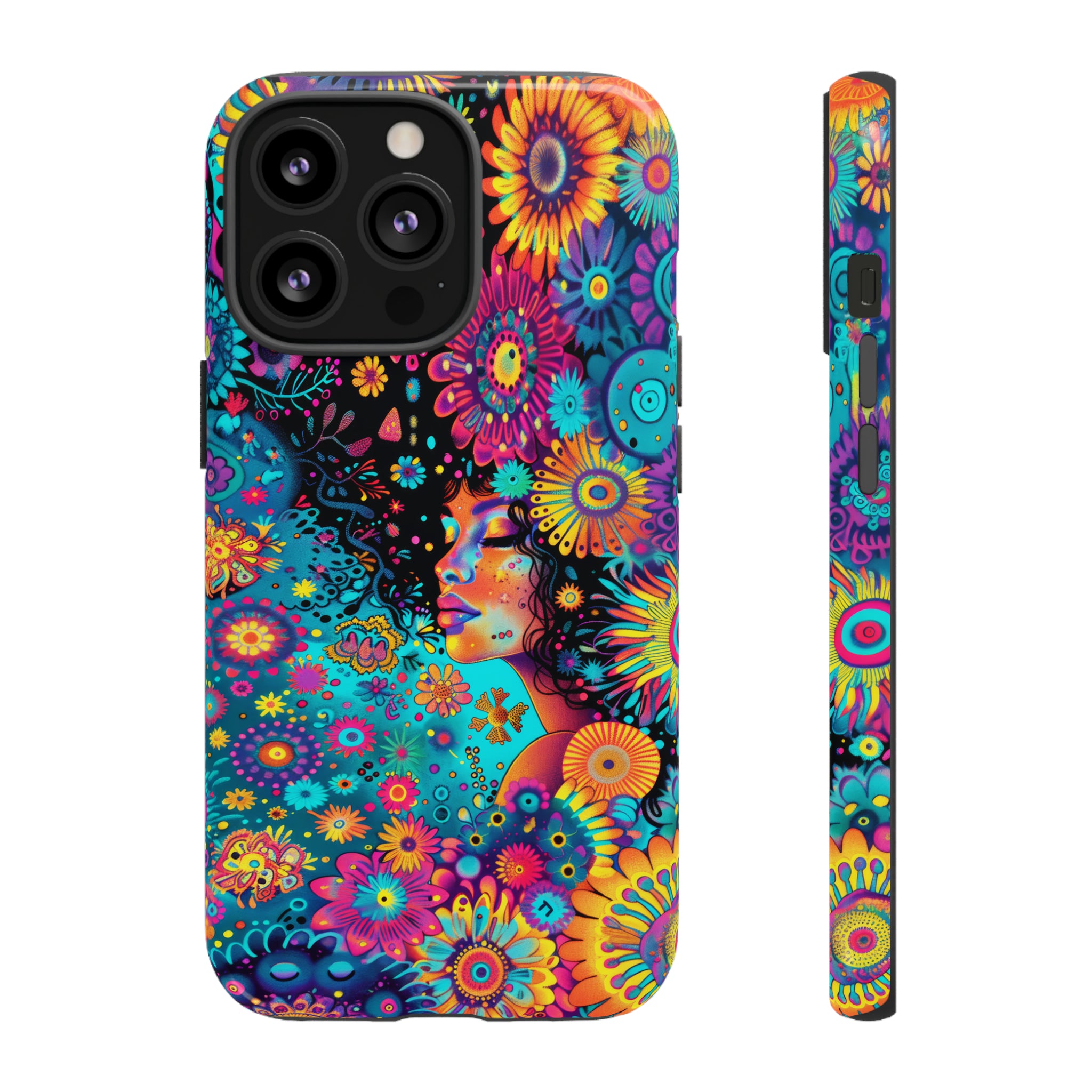 Phone Case, 1970's inspired flower girl, Artistic design, Tough Case, Colorful whimsical flower fantasy design, iPhone 15, 14, 13, 12, 11, Samsung, Pixel