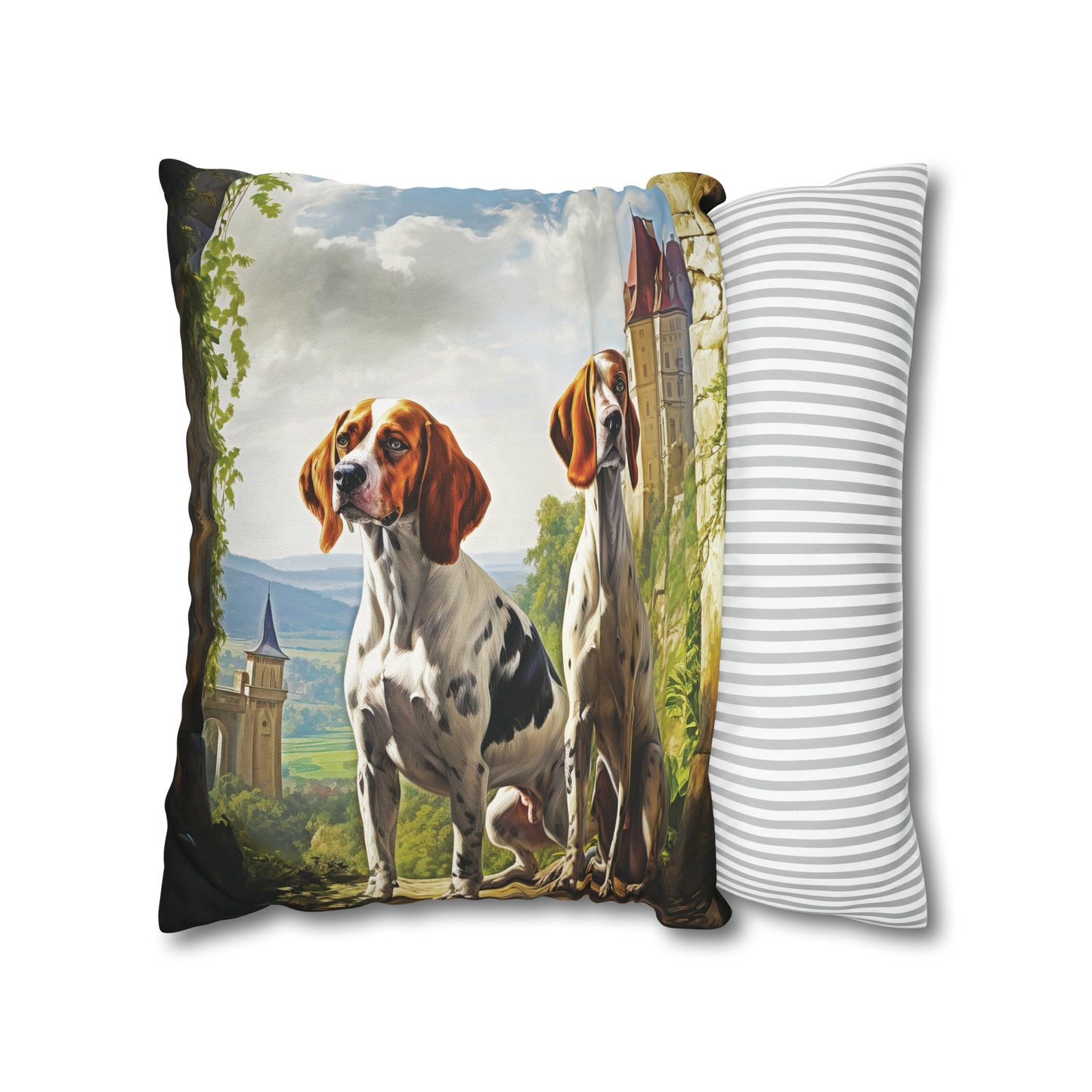 Square Pillow Case 18" x 18", CASE ONLY, no pillow form, original Art ,Colorful, Two Hunting Hounds in the French Countryside