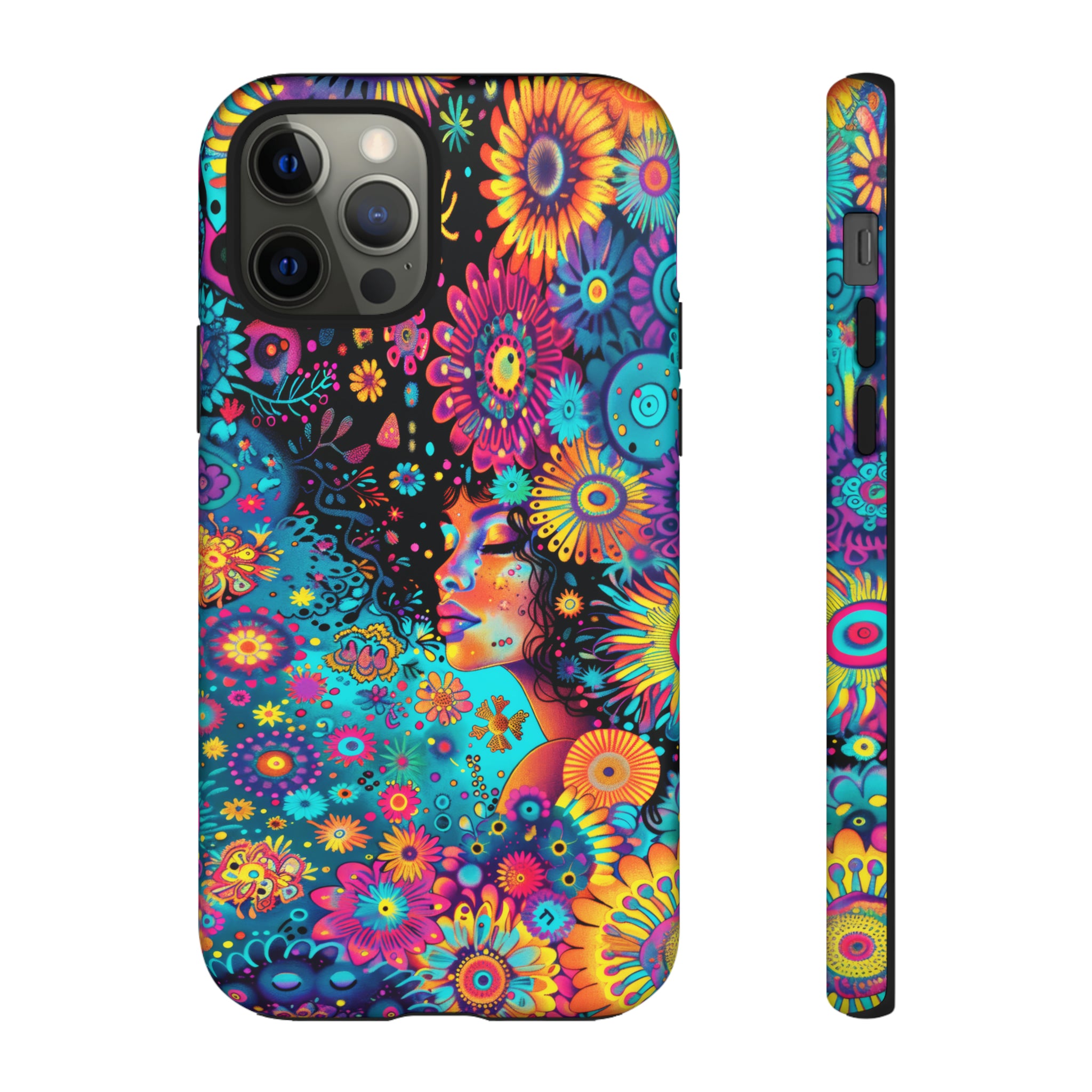 Phone Case, 1970's inspired flower girl, Artistic design, Tough Case, Colorful whimsical flower fantasy design, iPhone 15, 14, 13, 12, 11, Samsung, Pixel