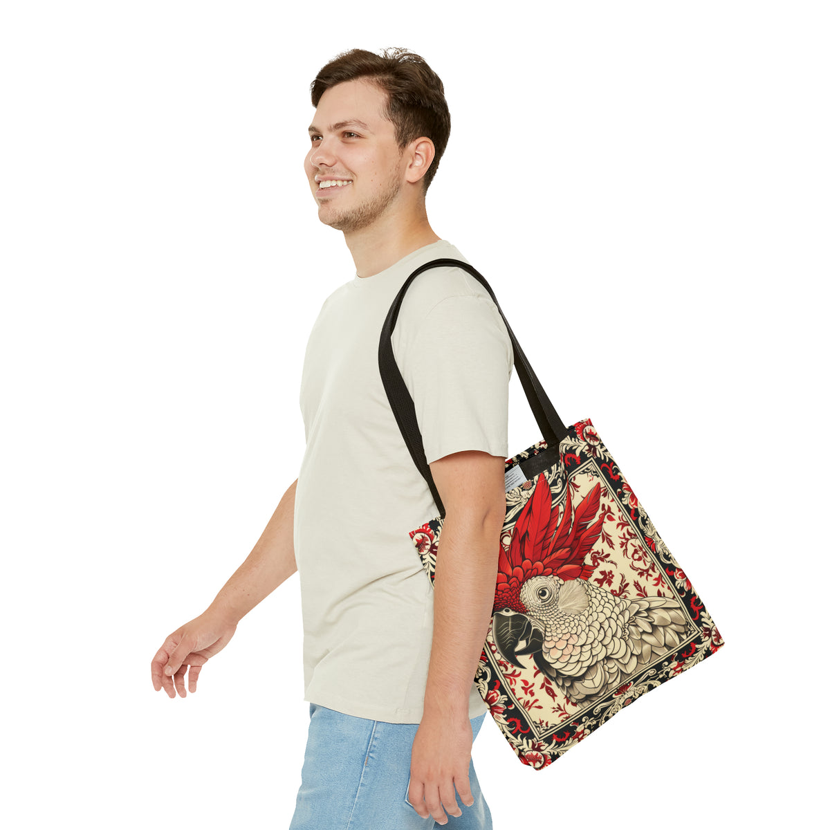 Canvas Tote Bag, vintage inspired cockatoo design, vibrant artistic accessory, whimsical all over print bag, three sizes