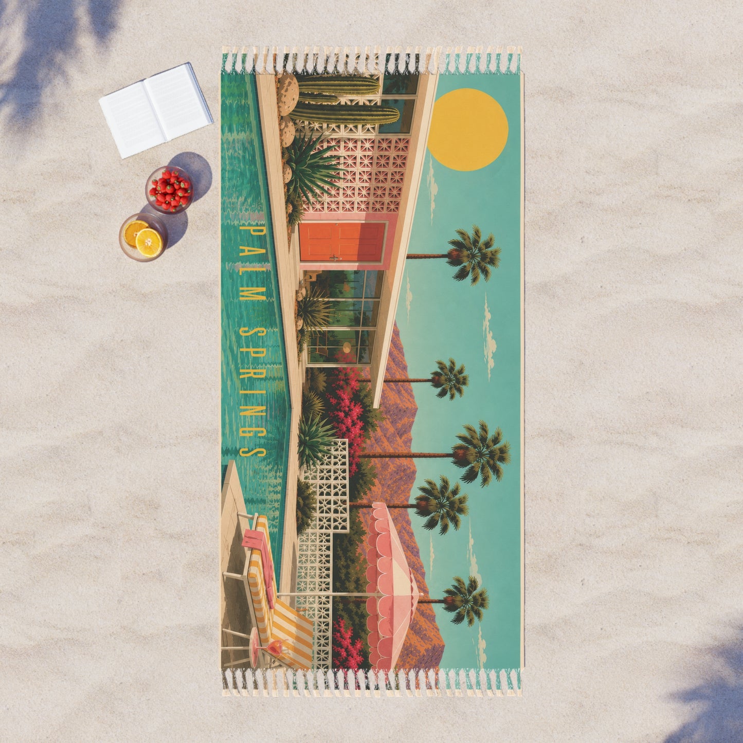 Palm Springs Boho Beach Towel — Retro Midcentury Palm Tree Print 38" x 81"