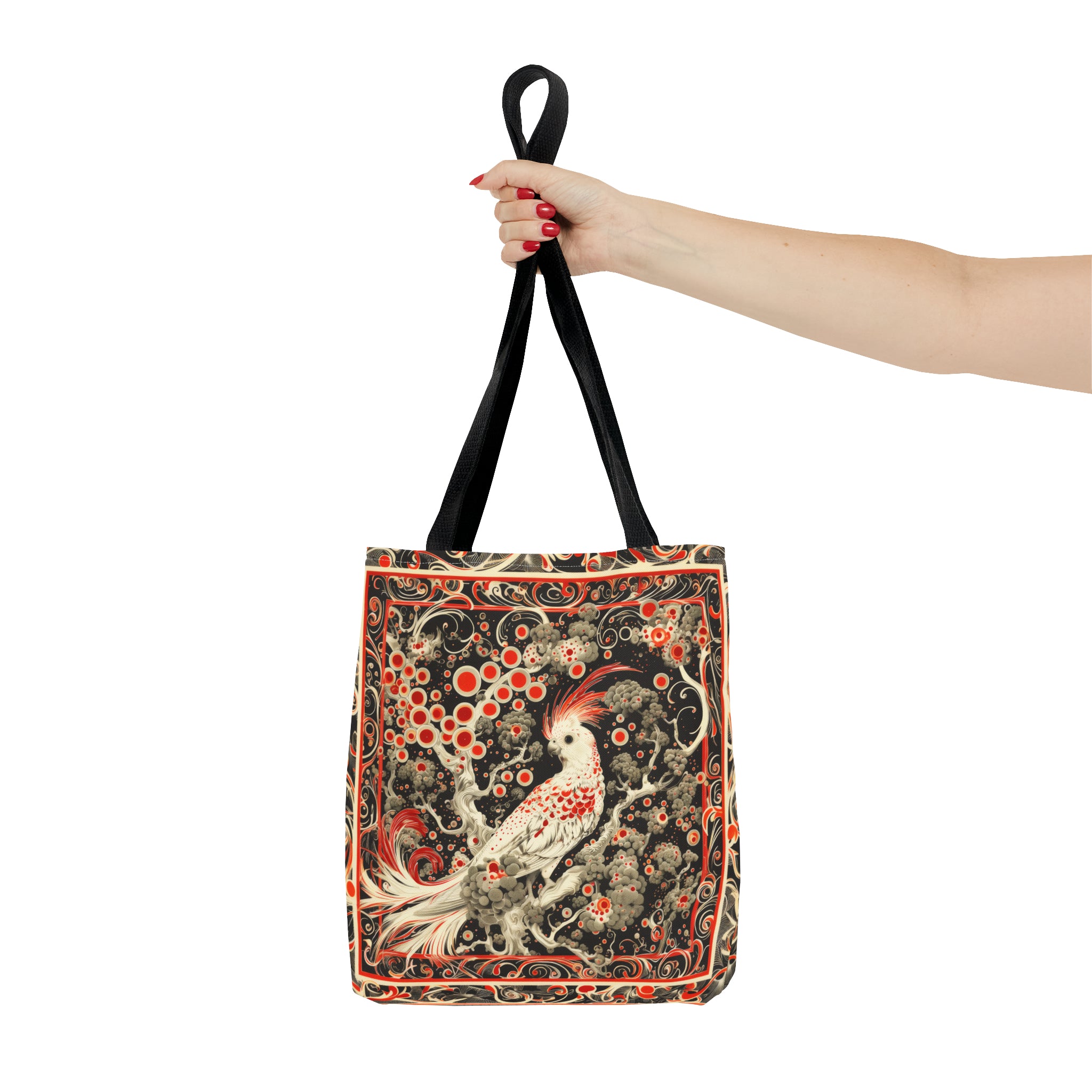 Canvas Tote Bag, vintage inspired bird design, vibrant artistic accessory, whimsical all over print bag in three sizes, cockatiel design