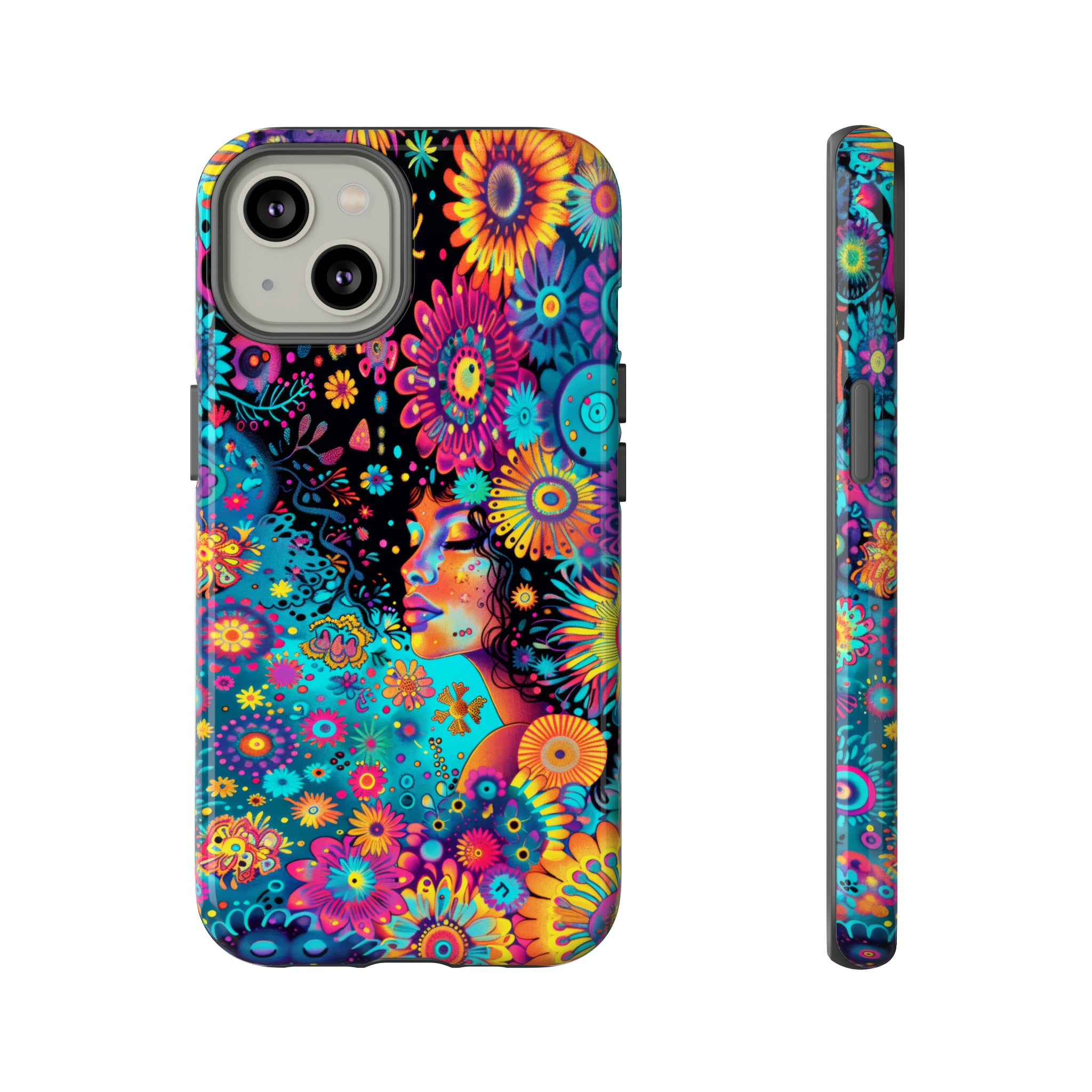 Phone Case, 1970's inspired flower girl, Artistic design, Tough Case, Colorful whimsical flower fantasy design, iPhone 15, 14, 13, 12, 11, Samsung, Pixel