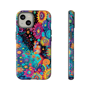 Phone Case, 1970's inspired flower girl, Artistic design, Tough Case, Colorful whimsical flower fantasy design, iPhone 15, 14, 13, 12, 11, Samsung, Pixel