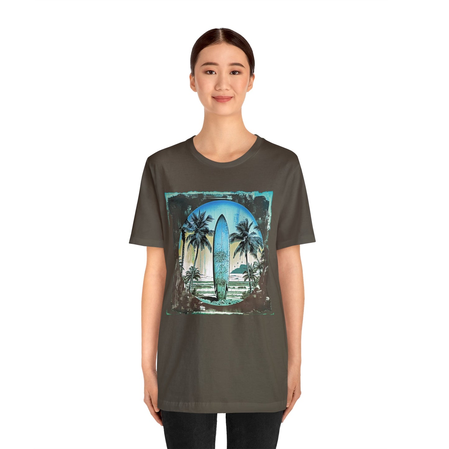 Blue board on the beach Unisex Jersey Short Sleeve Tee