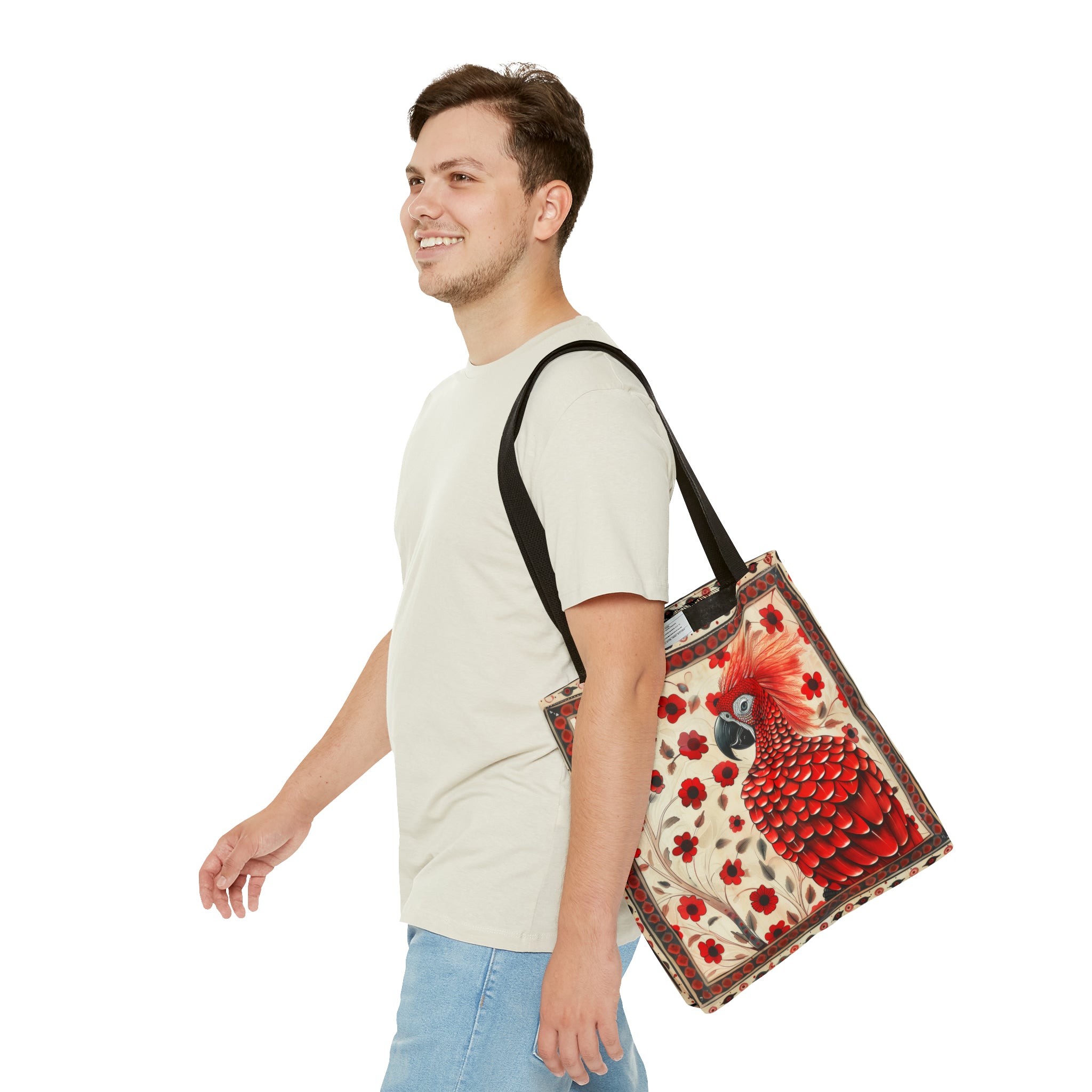 CanvasTote Bag, vintage inspired red parrot design, whimsical colorful bird printed bag, accessory tote , three sizes, all over print