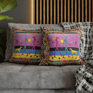 Square Pillow Case 18" x 18", CASE ONLY, no pillow form, original Pop Art Style, Alien Couple Walk their Dogs on the Beach in a Frame