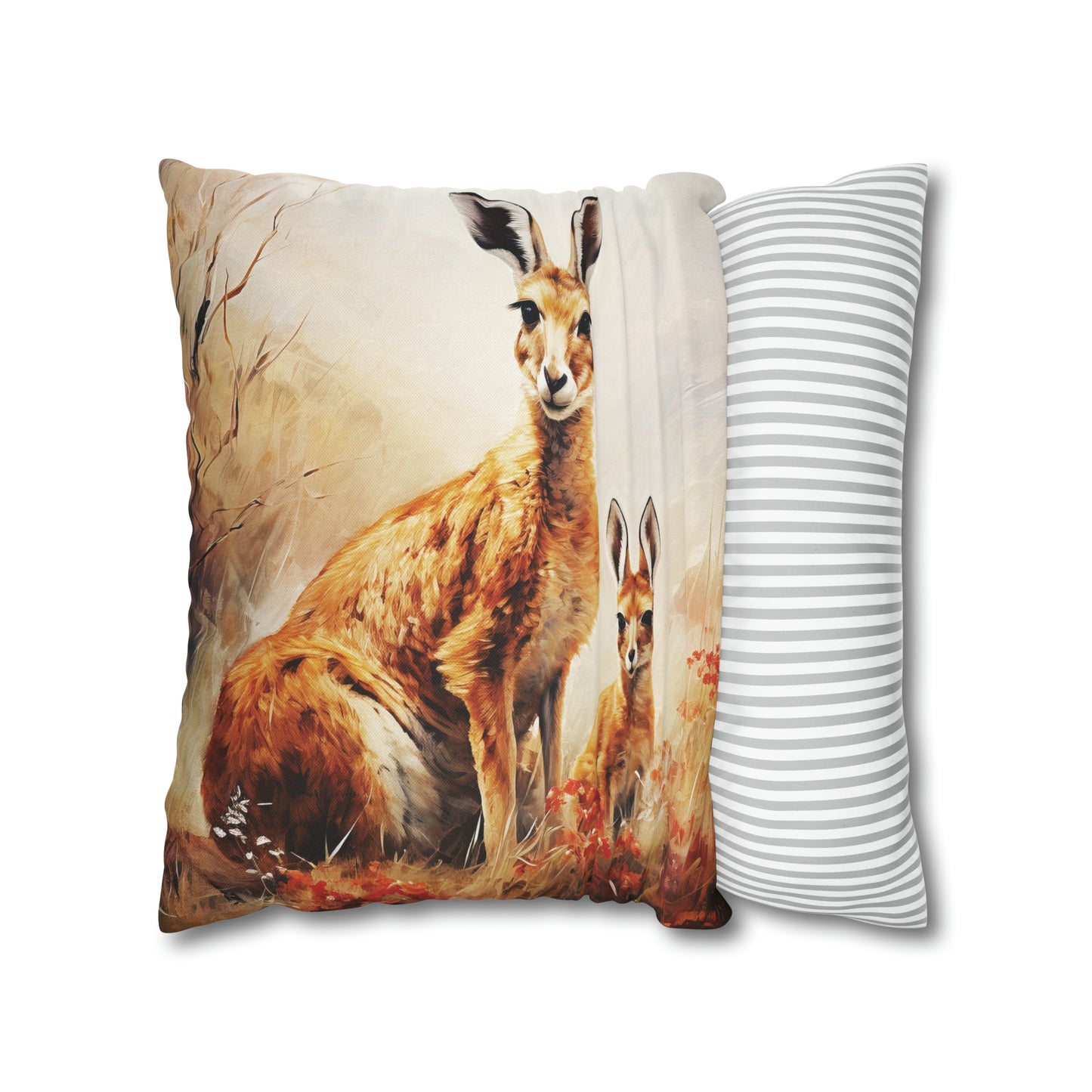 Square Pillow Case 18" x 18", CASE ONLY, no pillow form, original Art ,Colorful, a Mother and Joey in the Tall Golden Grass