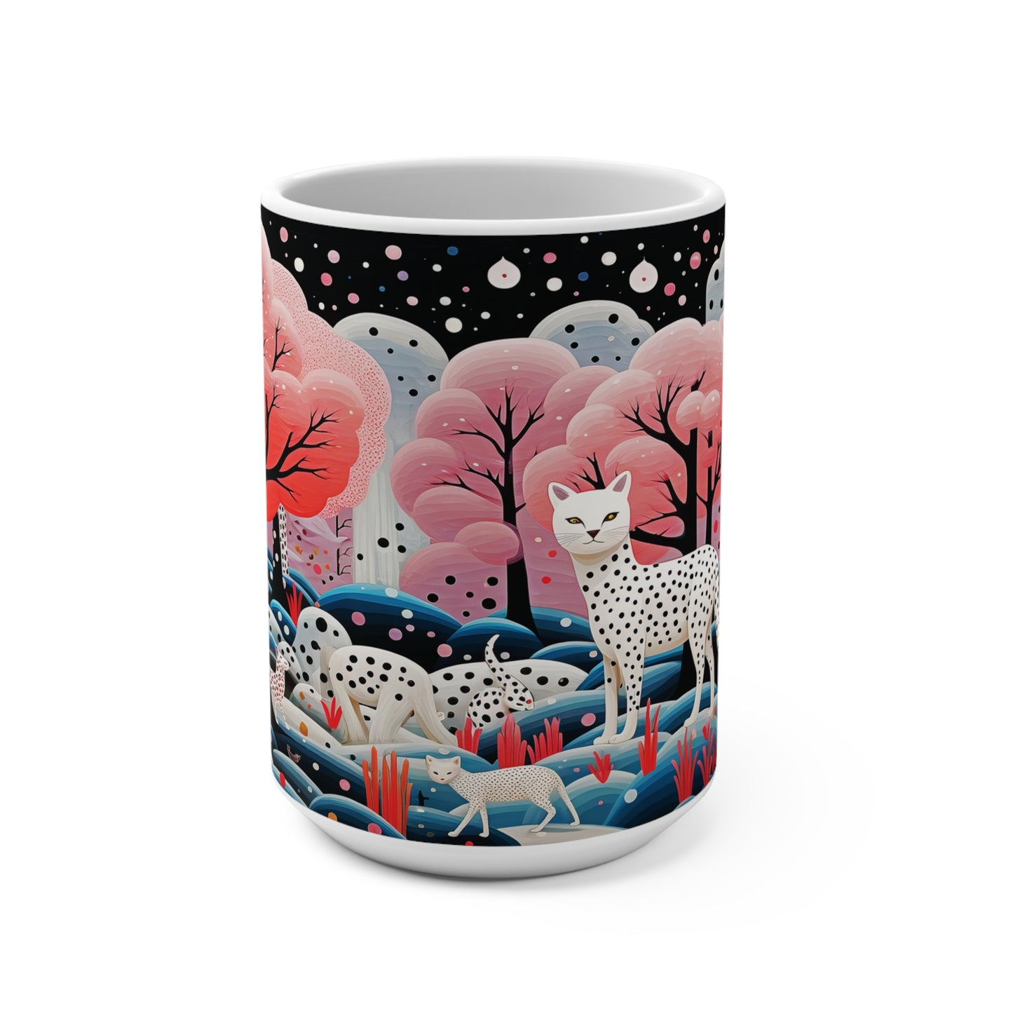 Mug 15oz White Leopards in a Pink Forest