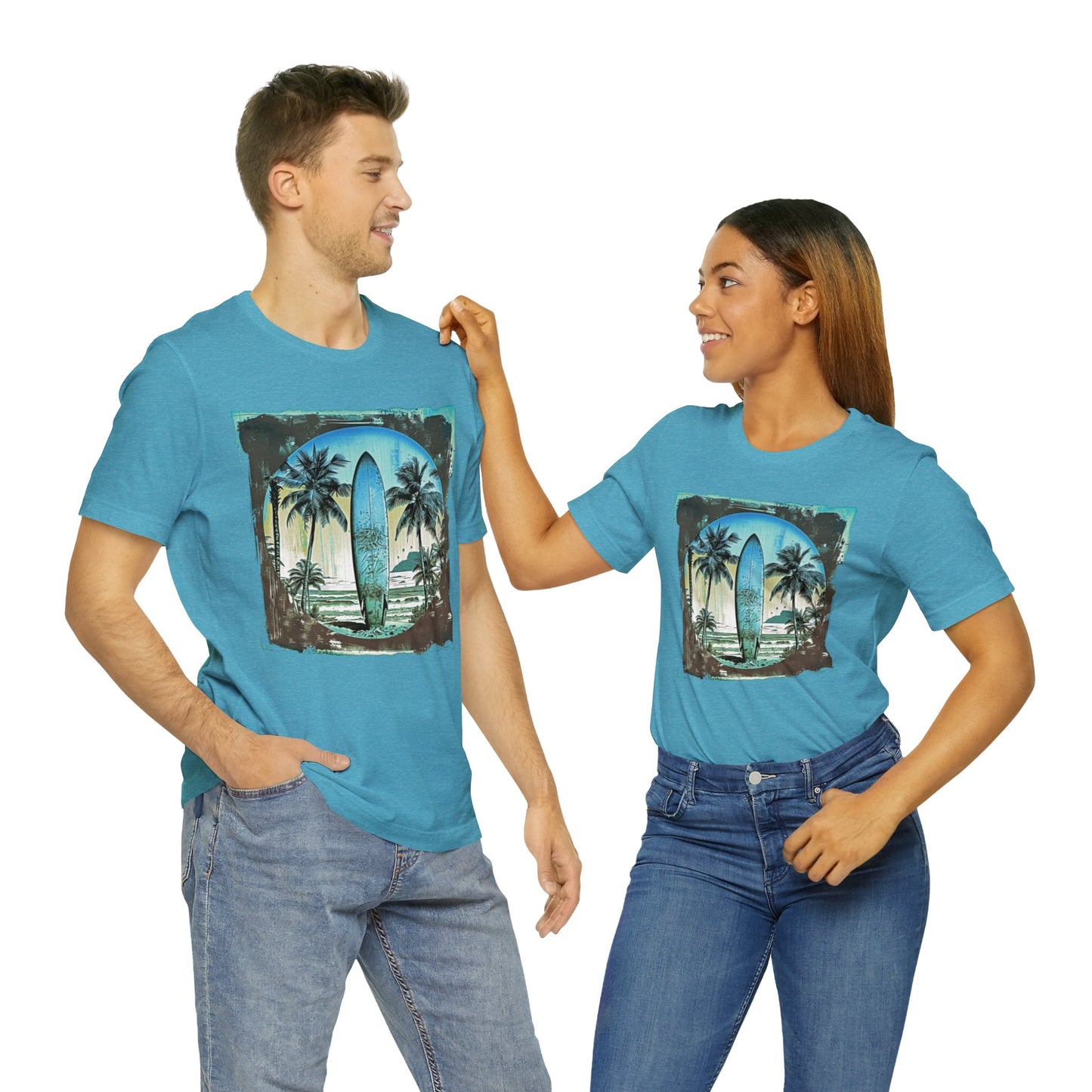 Blue board on the beach Unisex Jersey Short Sleeve Tee