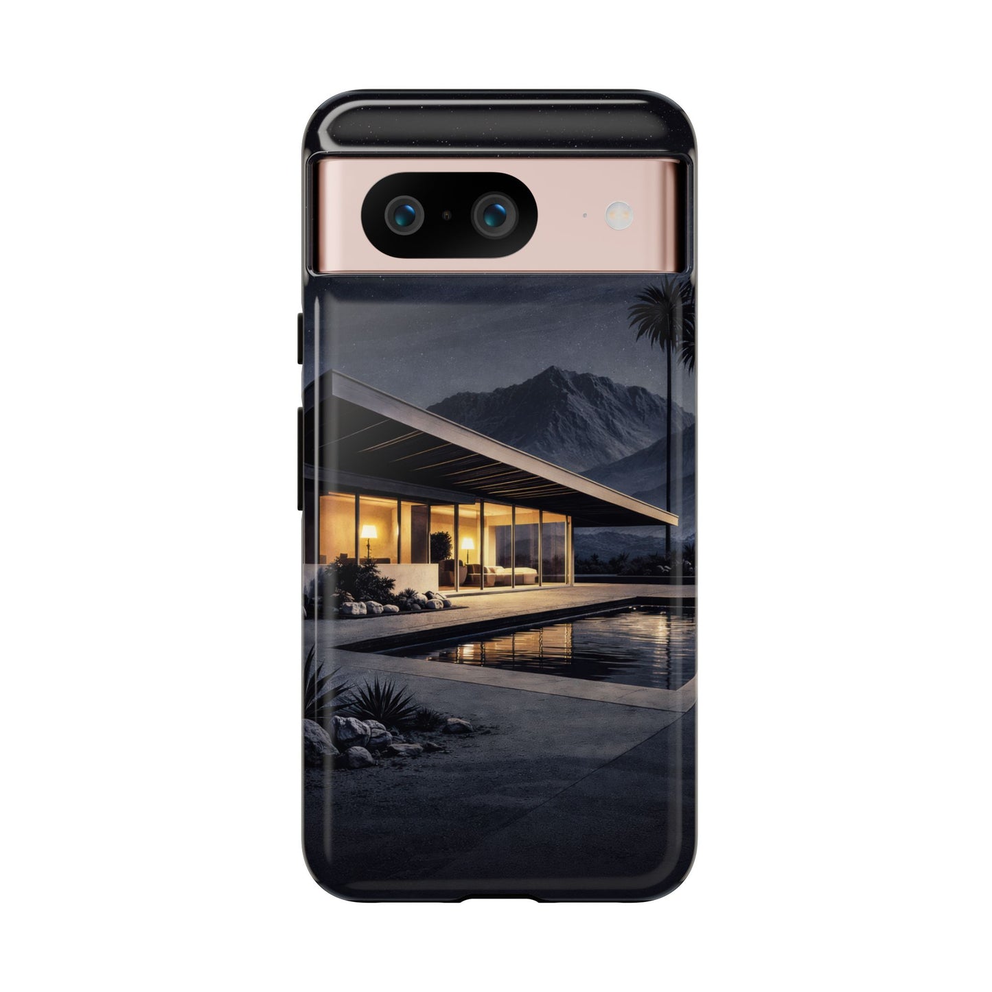 Modern Palm Springs House Phone Case — Mid-Century Poolside Evening Scene