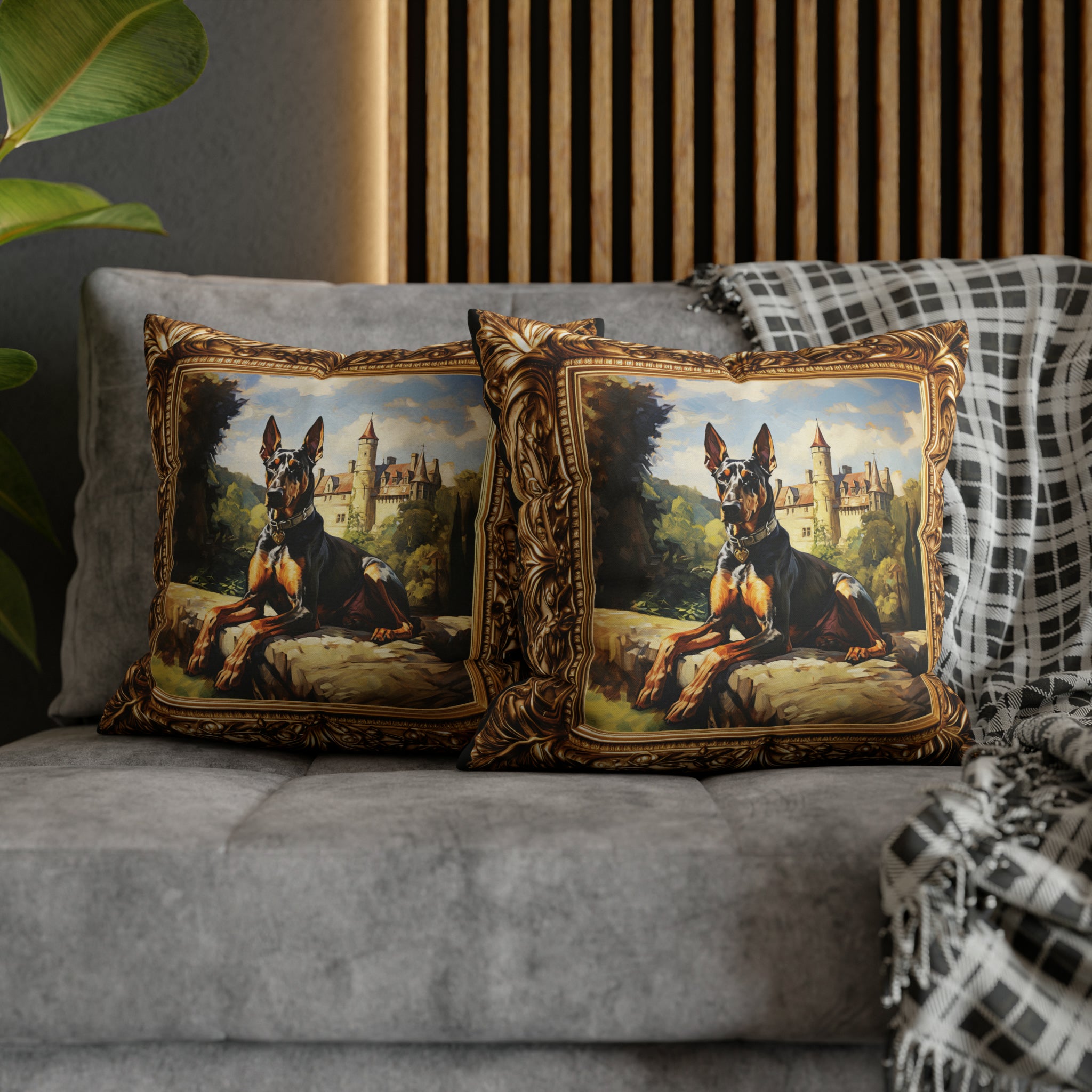 Square Pillow Case 18" x 18", CASE ONLY, no pillow form, original Art ,a Beautiful Painting of a Doberman in the English countryside.