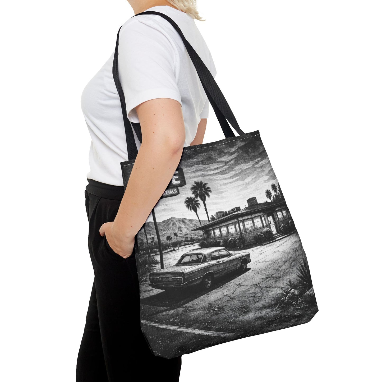 Vintage Diner Scene Tote Bag — Retro Café Black & White AOP, Vintage black & White art