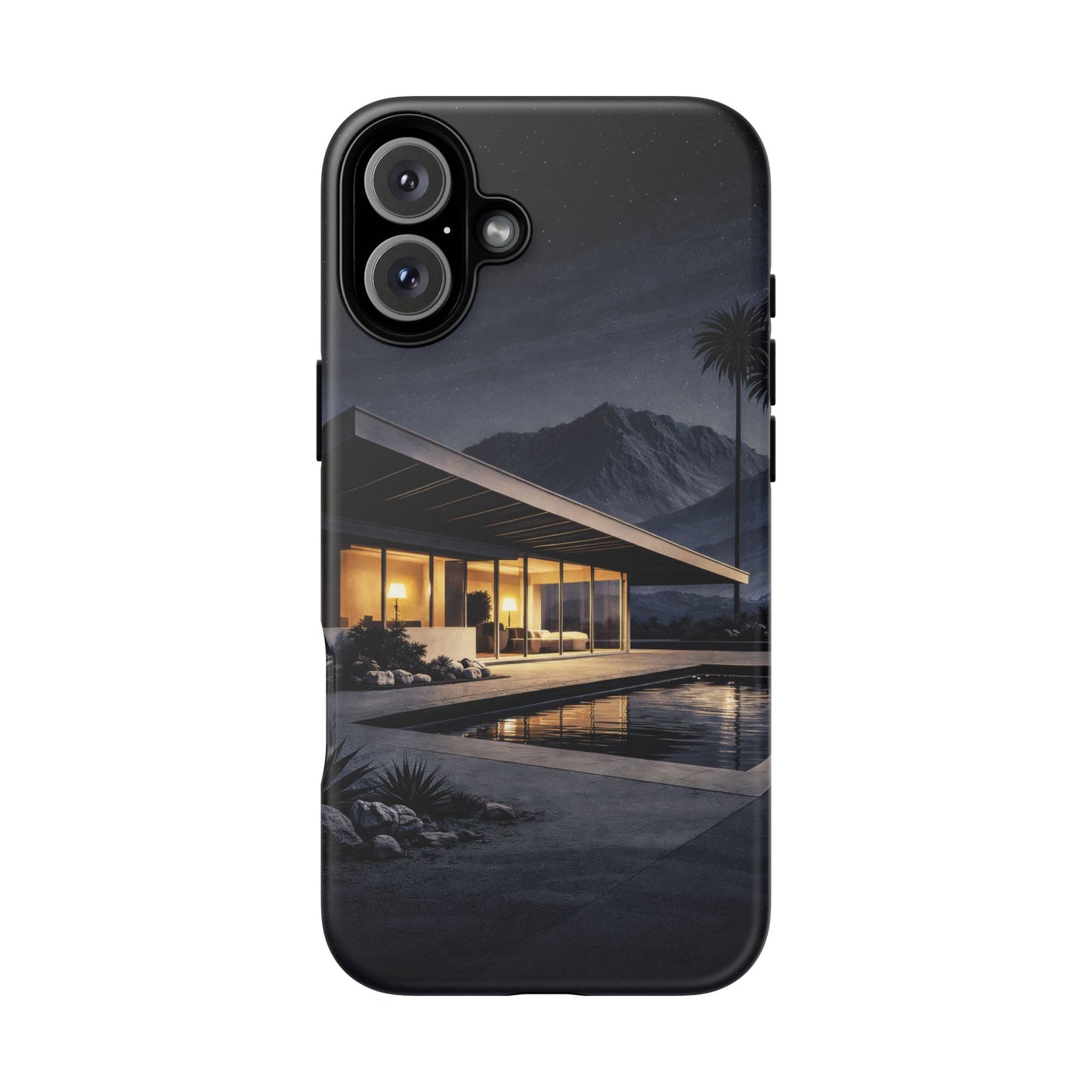 Modern Palm Springs House Phone Case — Mid-Century Poolside Evening Scene