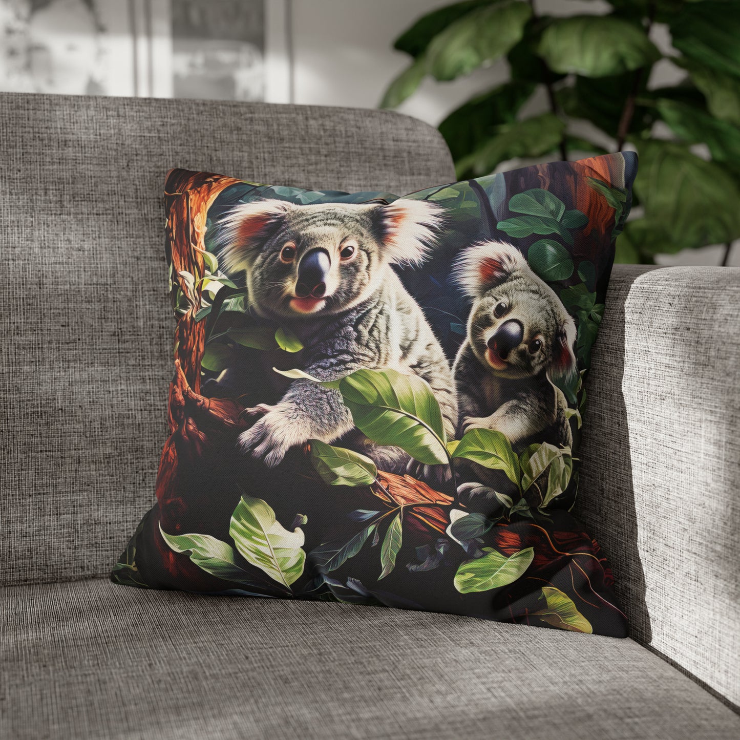 Square Pillow Case 18" x 18", CASE ONLY, no pillow form, original Art ,Colorful, Mother and Joey Koala on a Tree Branch in the Forest