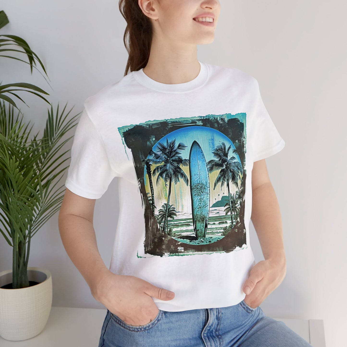 Blue board on the beach Unisex Jersey Short Sleeve Tee