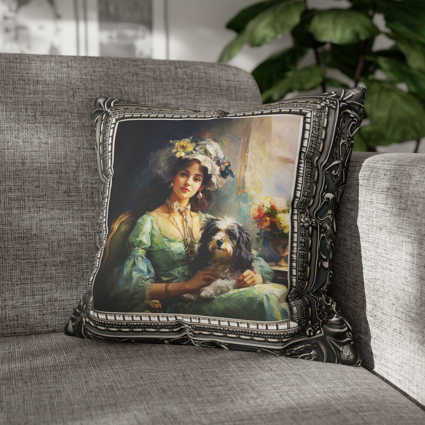 Square Pillow Case 18" x 18", CASE ONLY, no pillow form, original Art , a Painting of a Young Woman and her Dog in an Antique Frame