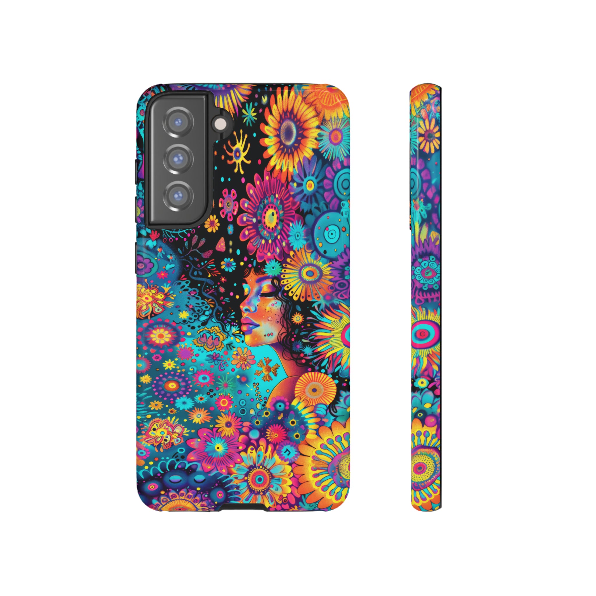 Phone Case, 1970's inspired flower girl, Artistic design, Tough Case, Colorful whimsical flower fantasy design, iPhone 15, 14, 13, 12, 11, Samsung, Pixel