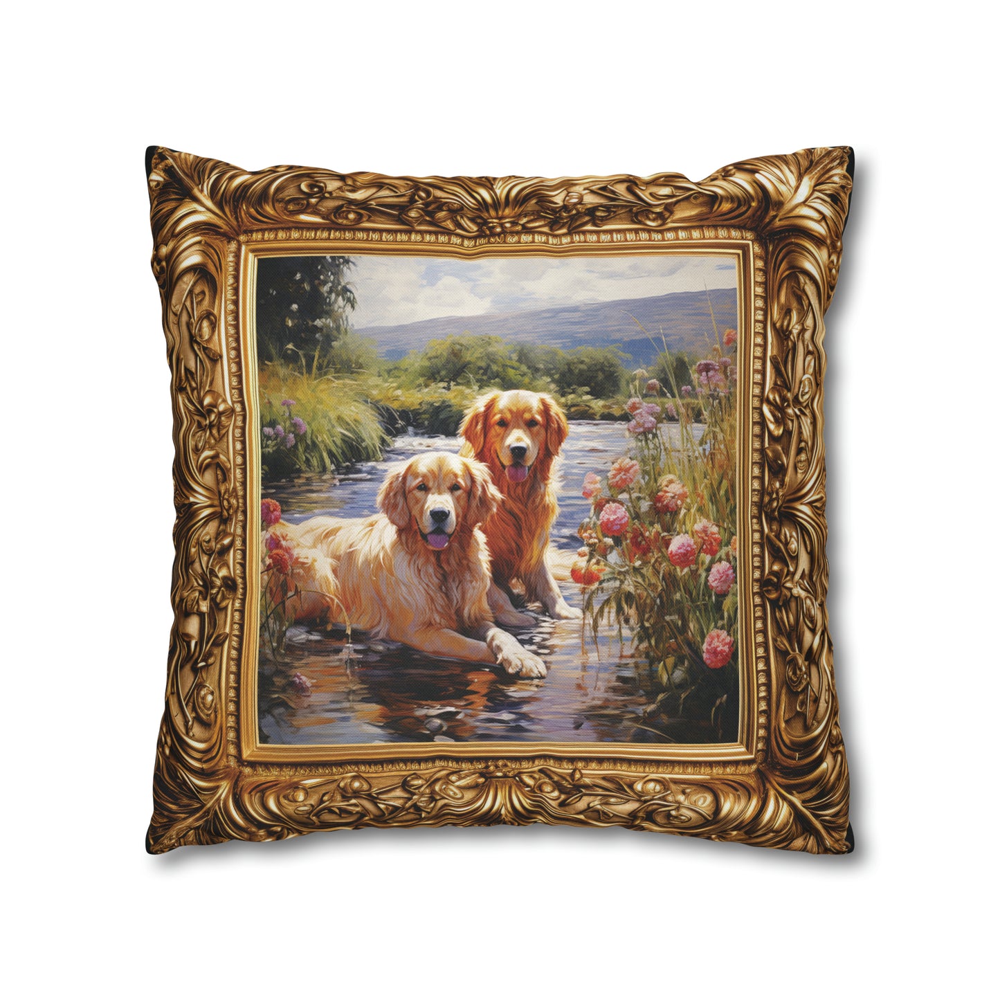 Square Pillow Case 18" x 18", CASE ONLY, no pillow form, original Art, A Portrait of a pair of Golden Retriever's in a stream