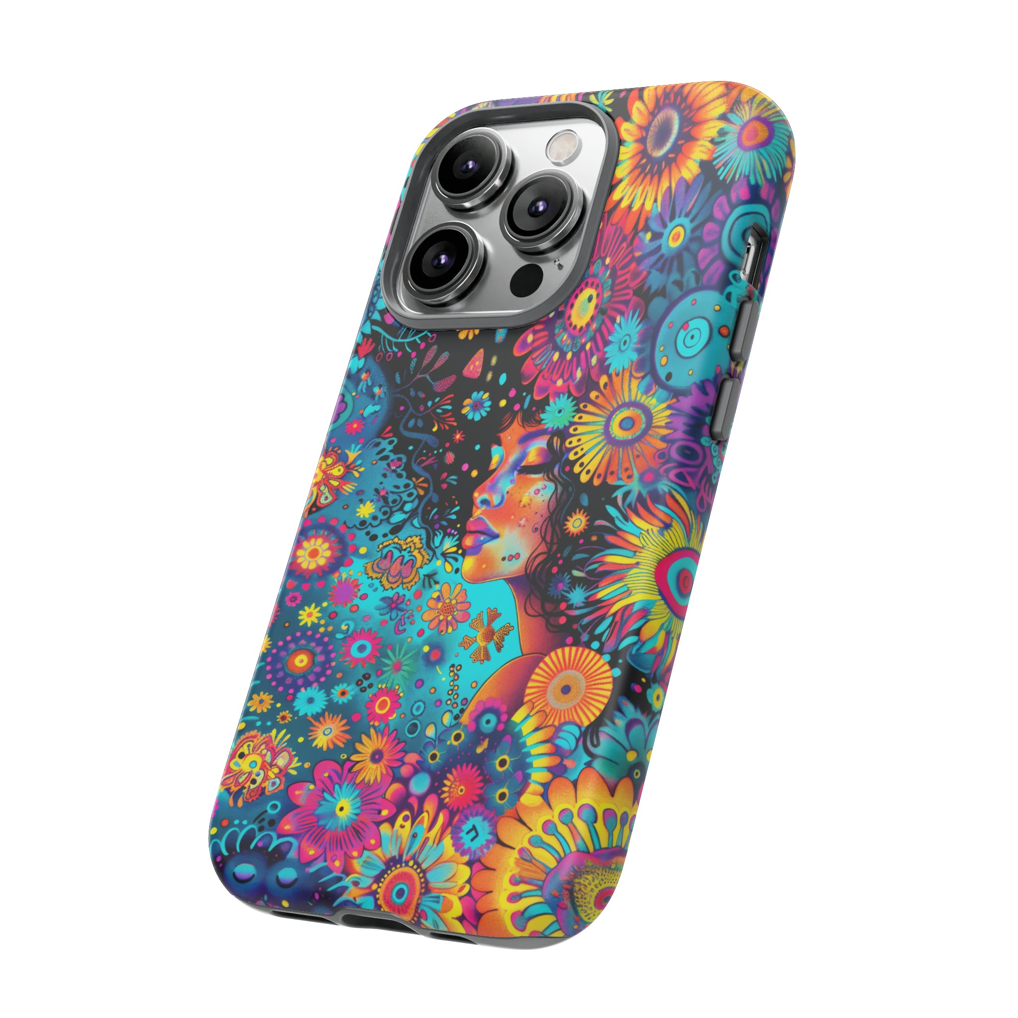 Phone Case, 1970's inspired flower girl, Artistic design, Tough Case, Colorful whimsical flower fantasy design, iPhone 15, 14, 13, 12, 11, Samsung, Pixel