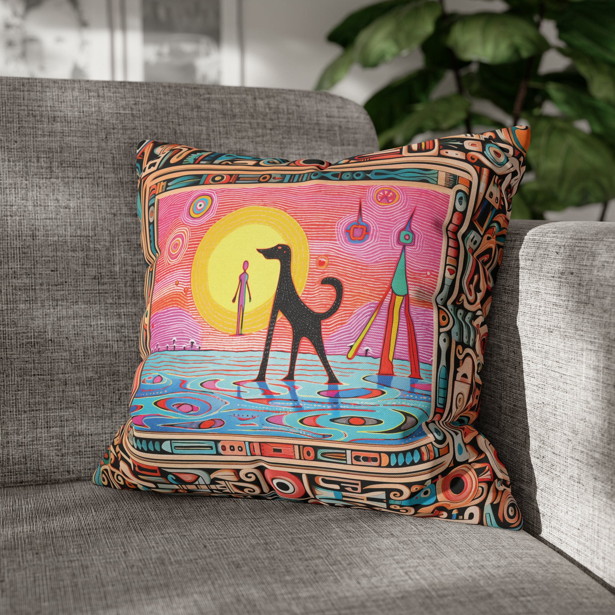 Square Pillow Case 18" x 18", CASE ONLY, no pillow form, original Pop Art Style, Alien Dog Taking a Swim, Image in a frame