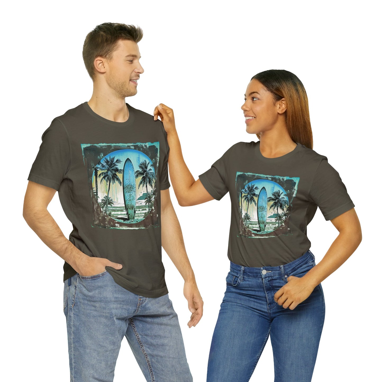 Blue board on the beach Unisex Jersey Short Sleeve Tee