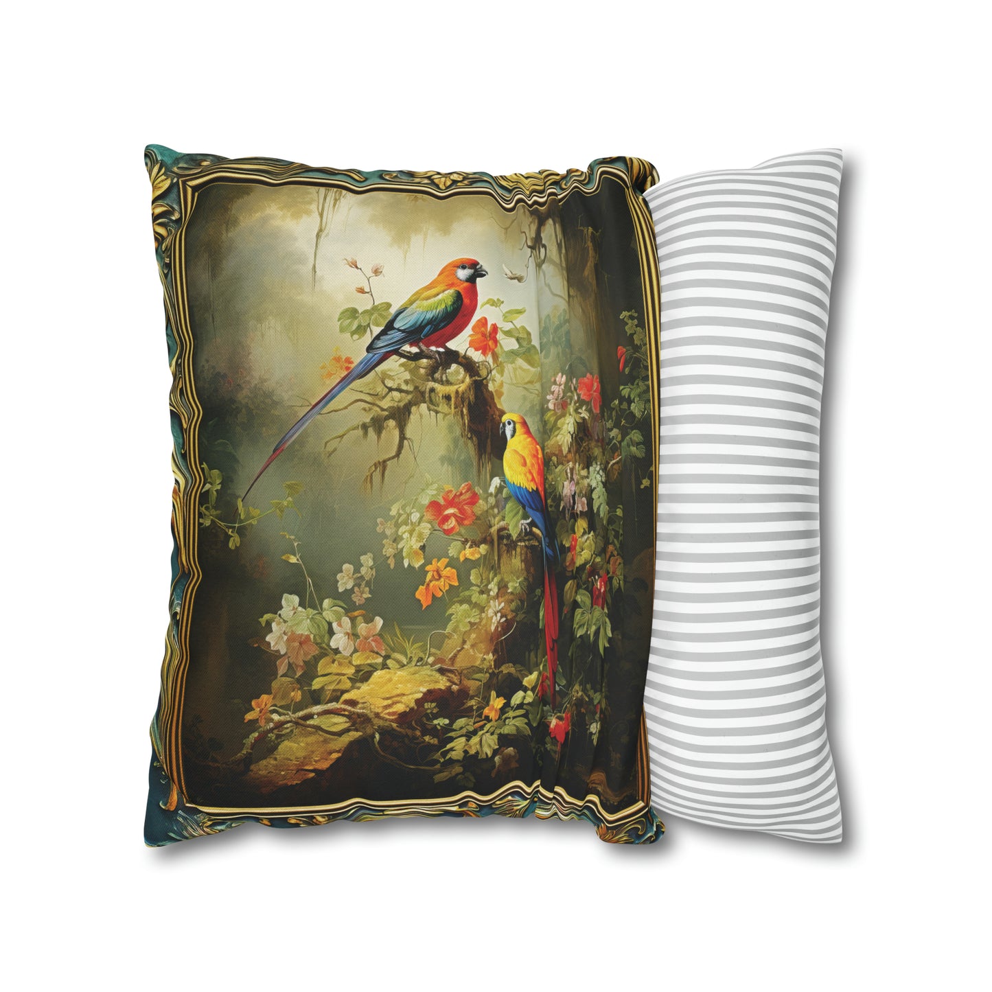 Square Pillow Case 18" x 18", CASE ONLY, no pillow form, original Art ,Two Colorful Tropical Birds on a Flowering Branch in the Forest